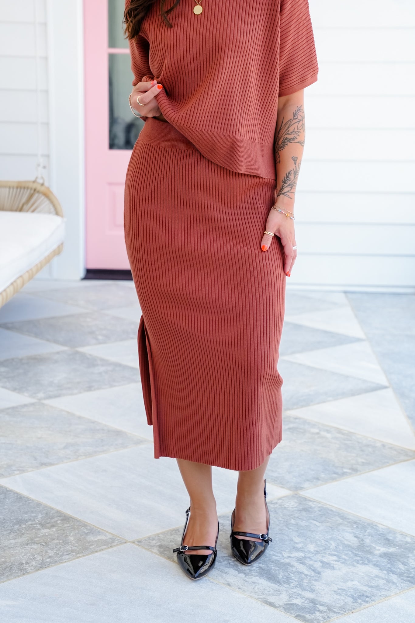 Ribbed Knit Short Sleeve Top and Skirt Set