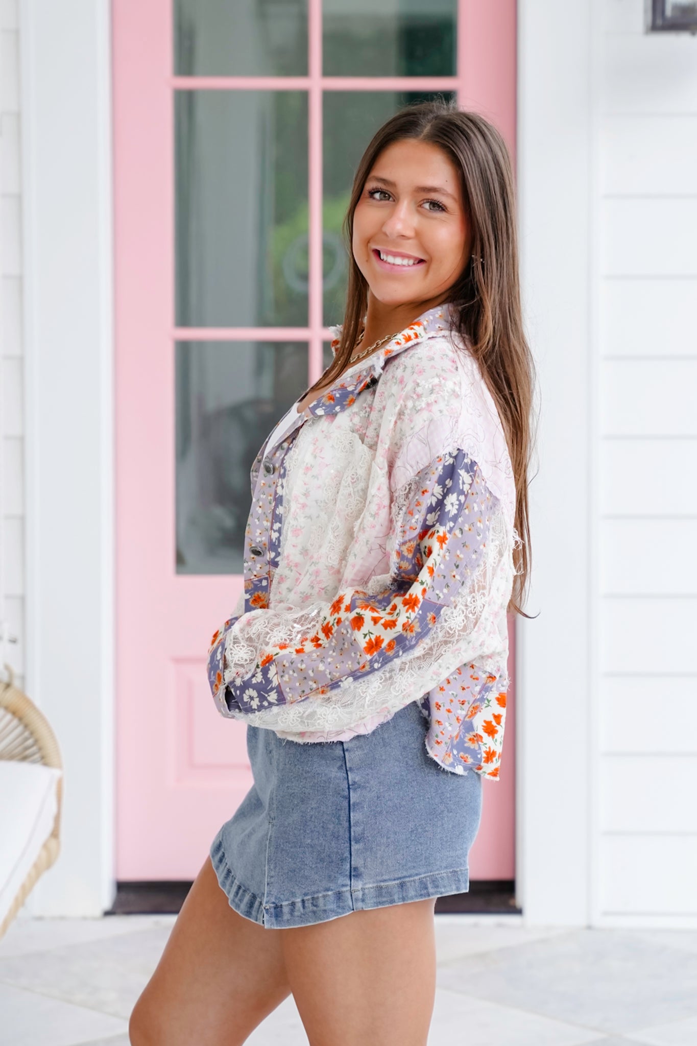POL Long Sleeve Button Up Top with Floral Patchwork Detail