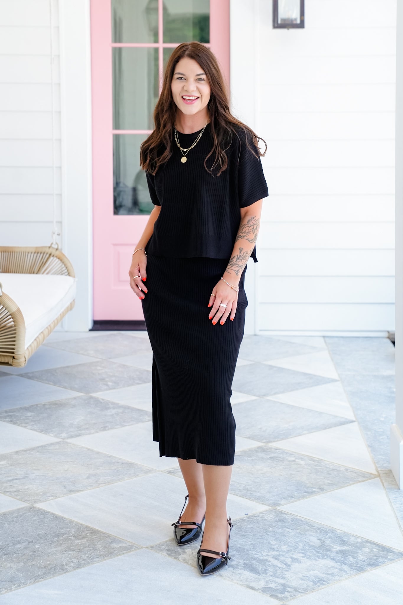 Ribbed Knit Short Sleeve Top and Skirt Set