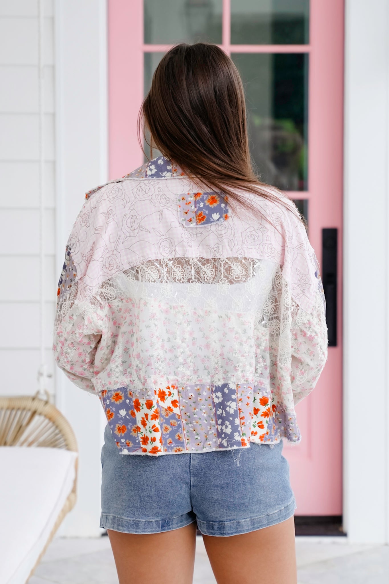 POL Long Sleeve Button Up Top with Floral Patchwork Detail