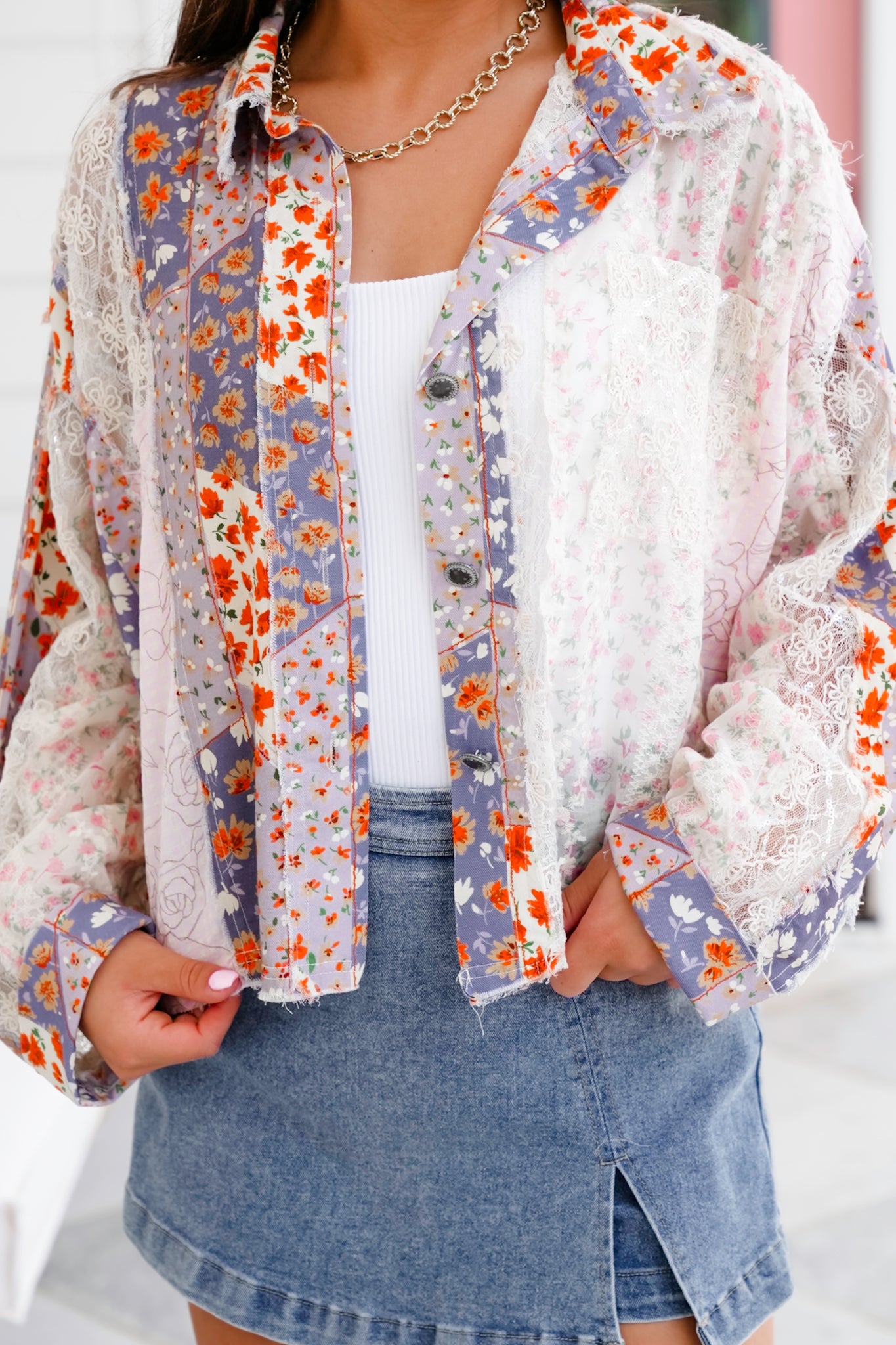 POL Long Sleeve Button Up Top with Floral Patchwork Detail