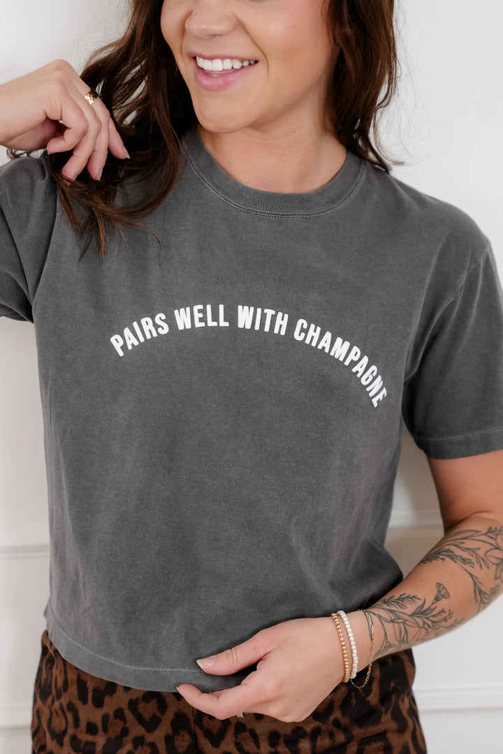 Short Sleeve "Pairs Will With Champagne" Graphic Crop Top