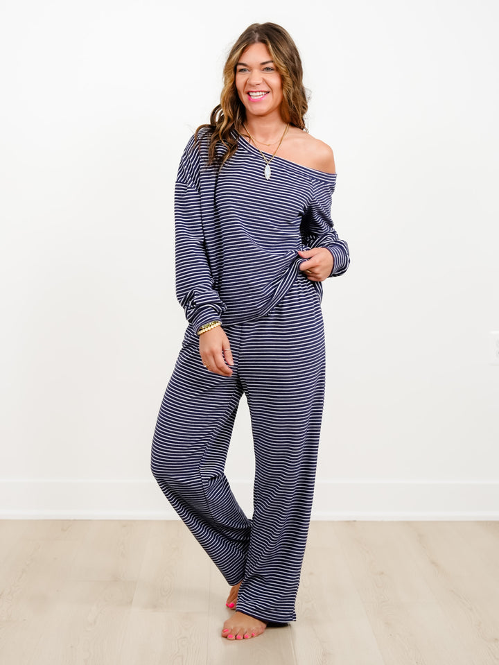 Stripe Long Sleeve Off Shoulder Top and Pants Set