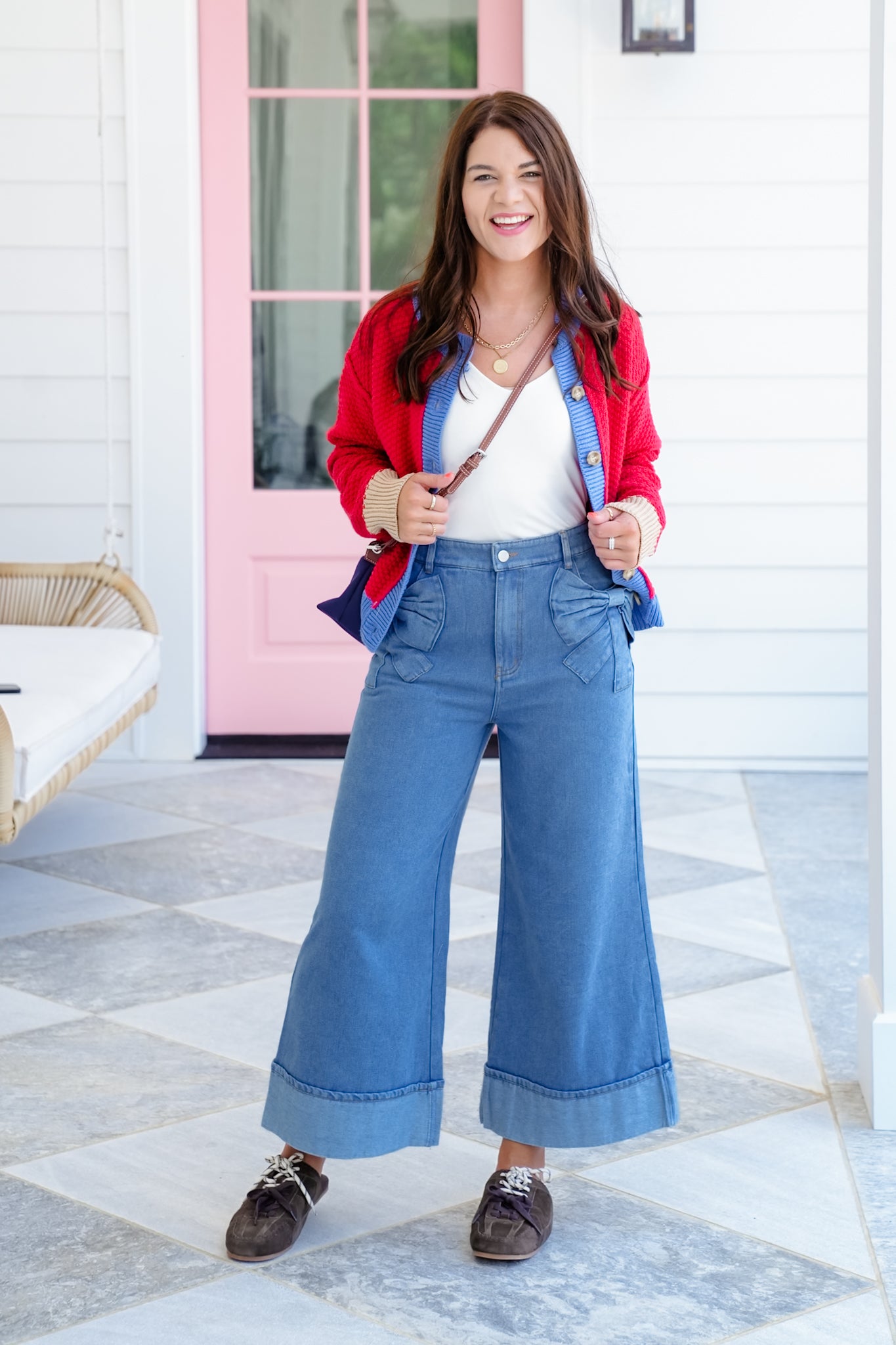 Plus/Reg Medium Wash Wide Leg Pants with Bow Detail