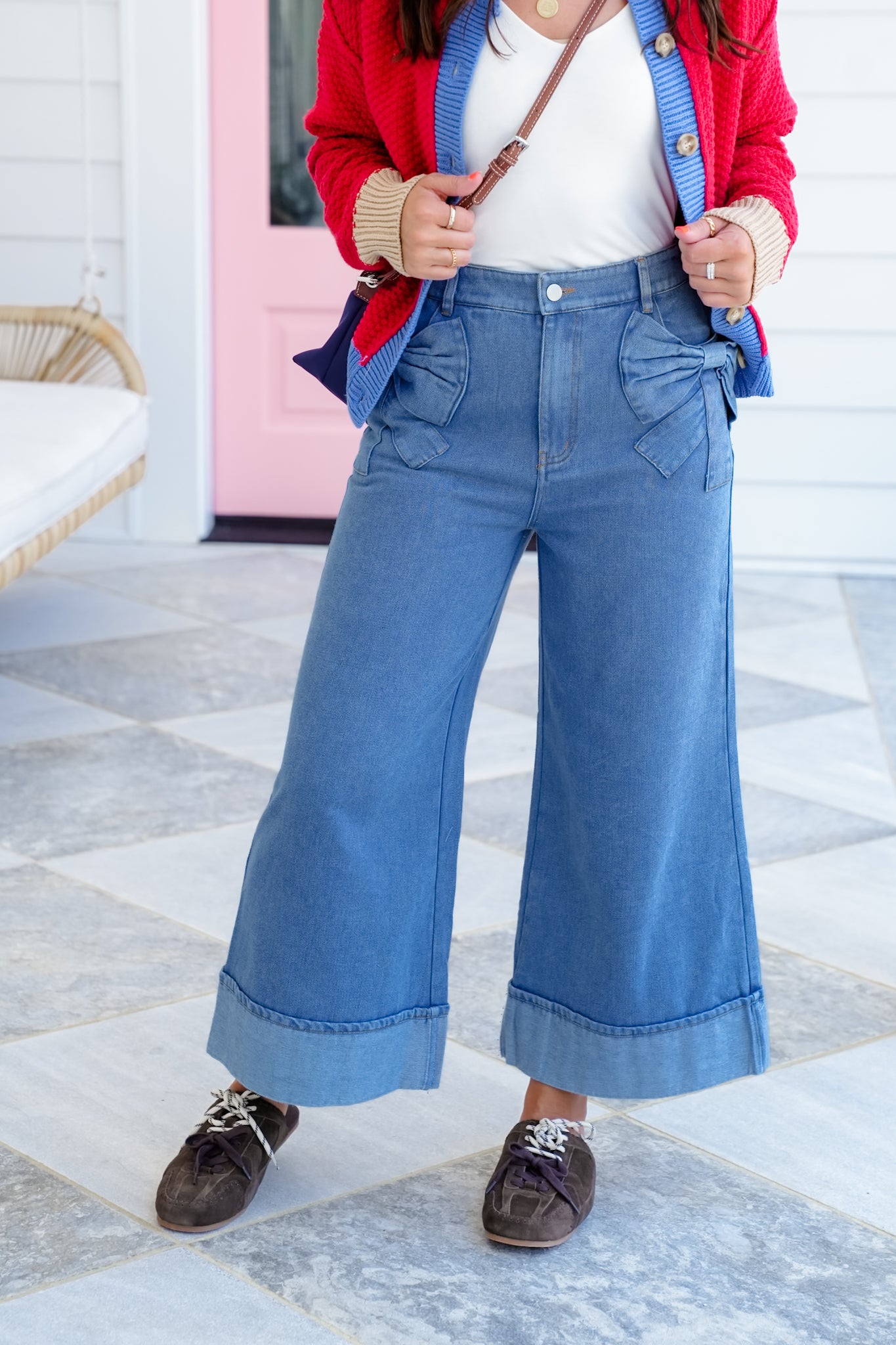 Plus/Reg Medium Wash Wide Leg Pants with Bow Detail
