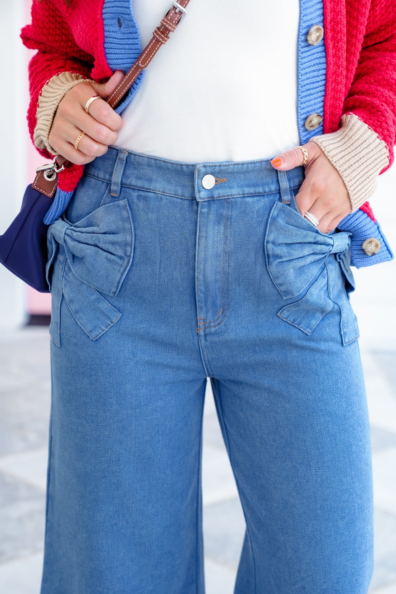 Plus/Reg Medium Wash Wide Leg Pants with Bow Detail