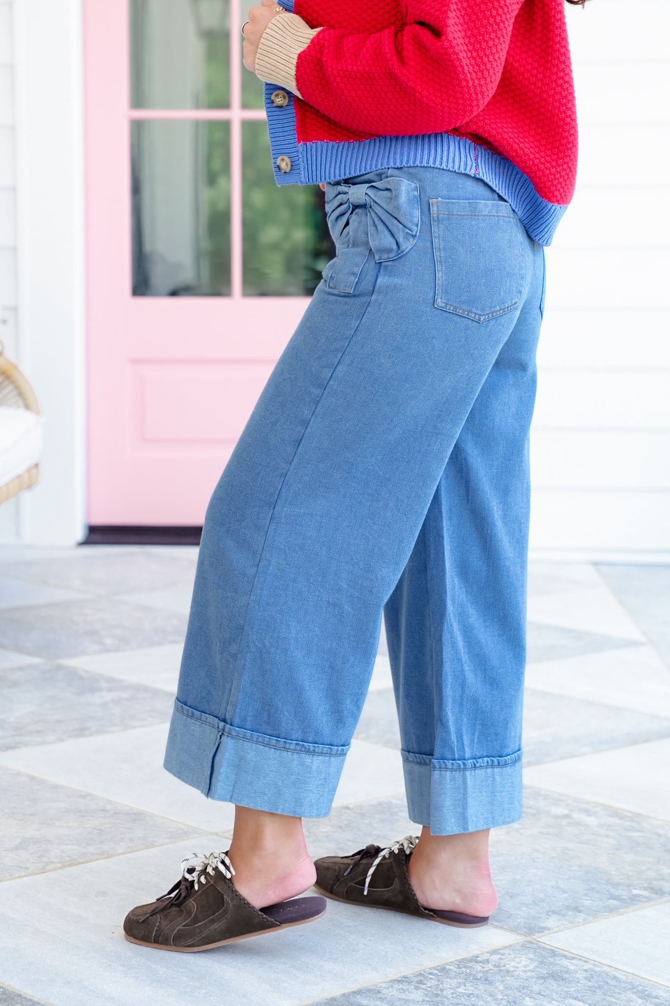 Plus/Reg Medium Wash Wide Leg Pants with Bow Detail