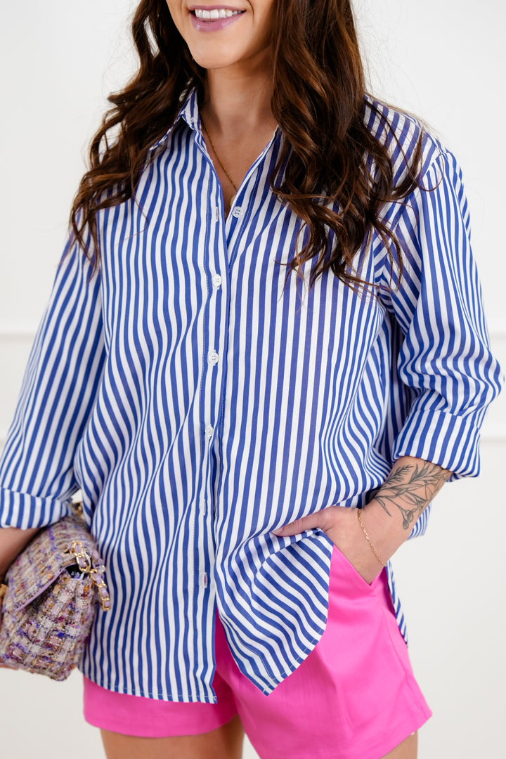 Royal Blue Stripe Long Sleeve Button Down Top