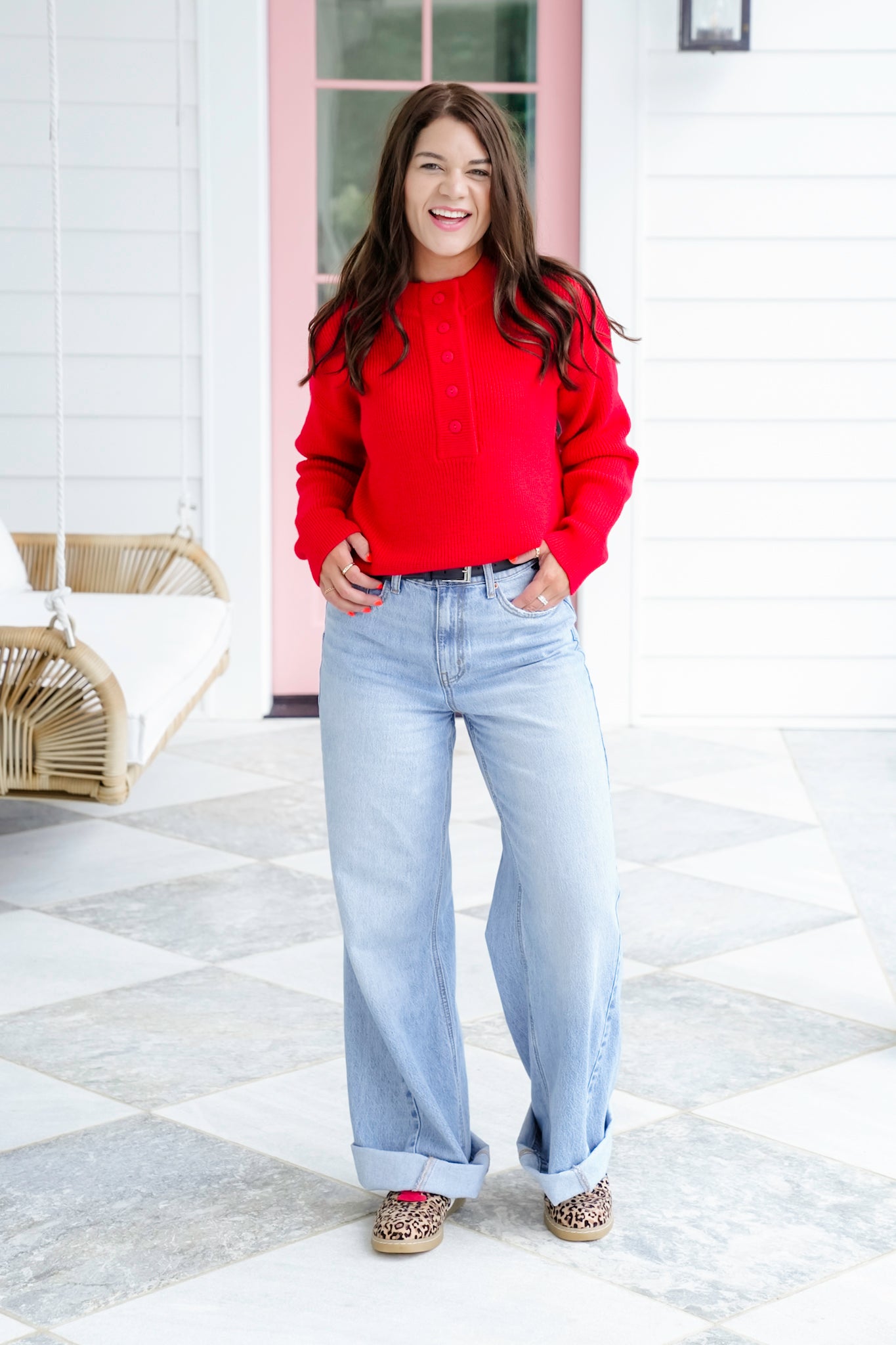 Red Long Sleeve Button Up Pullover Sweater