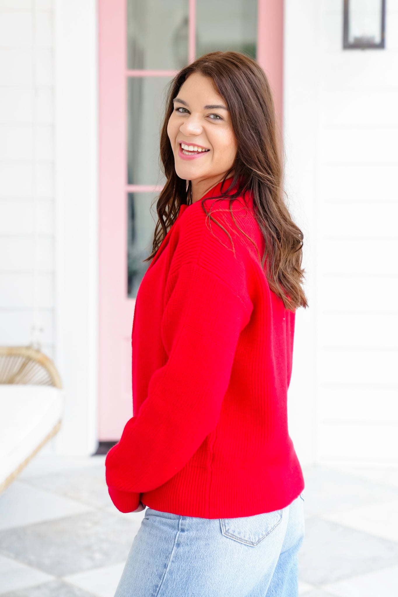 Red Long Sleeve Button Up Pullover Sweater