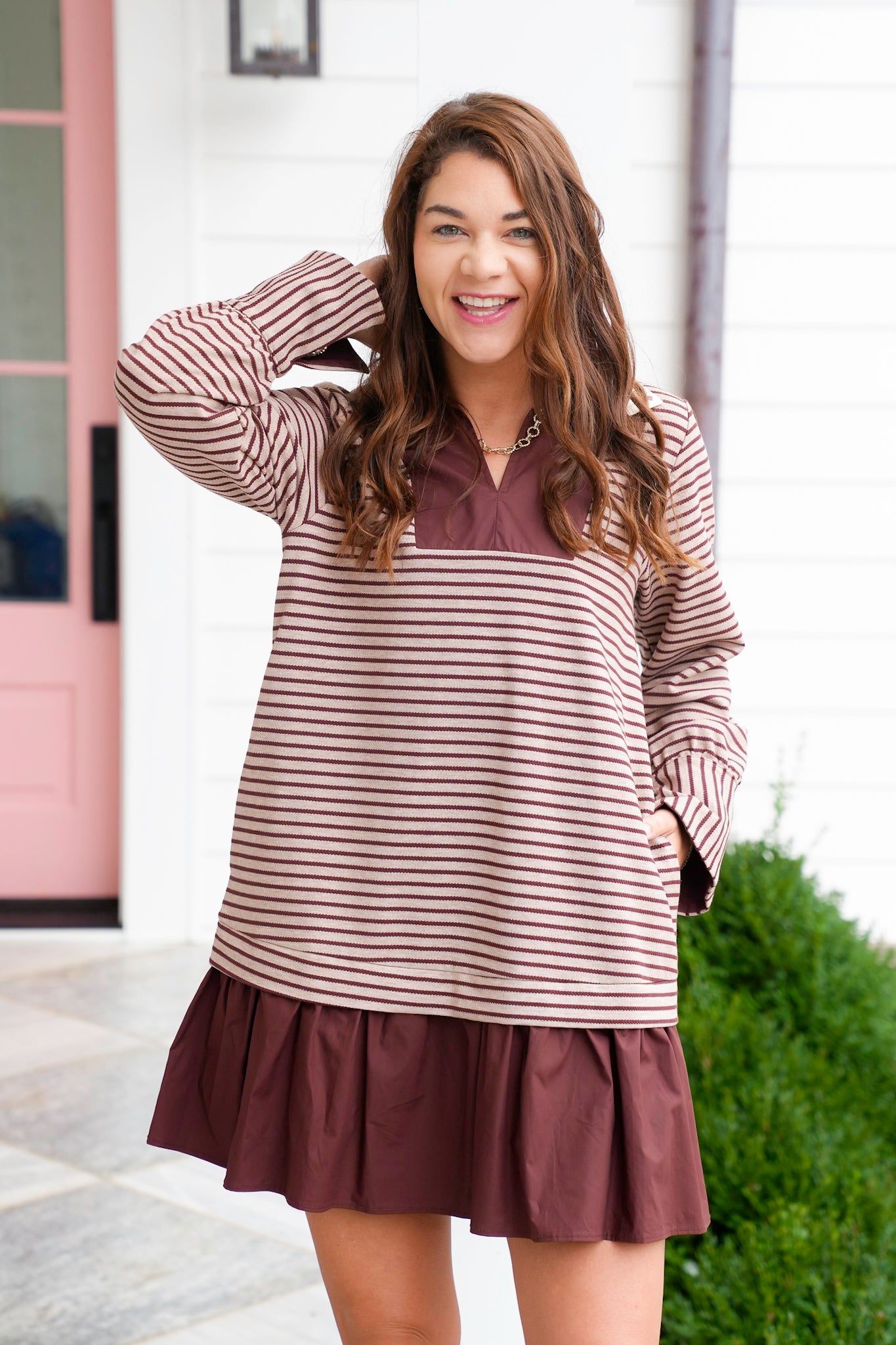 Stripe Long Cuff Sleeve Dress with Ruffle Hem