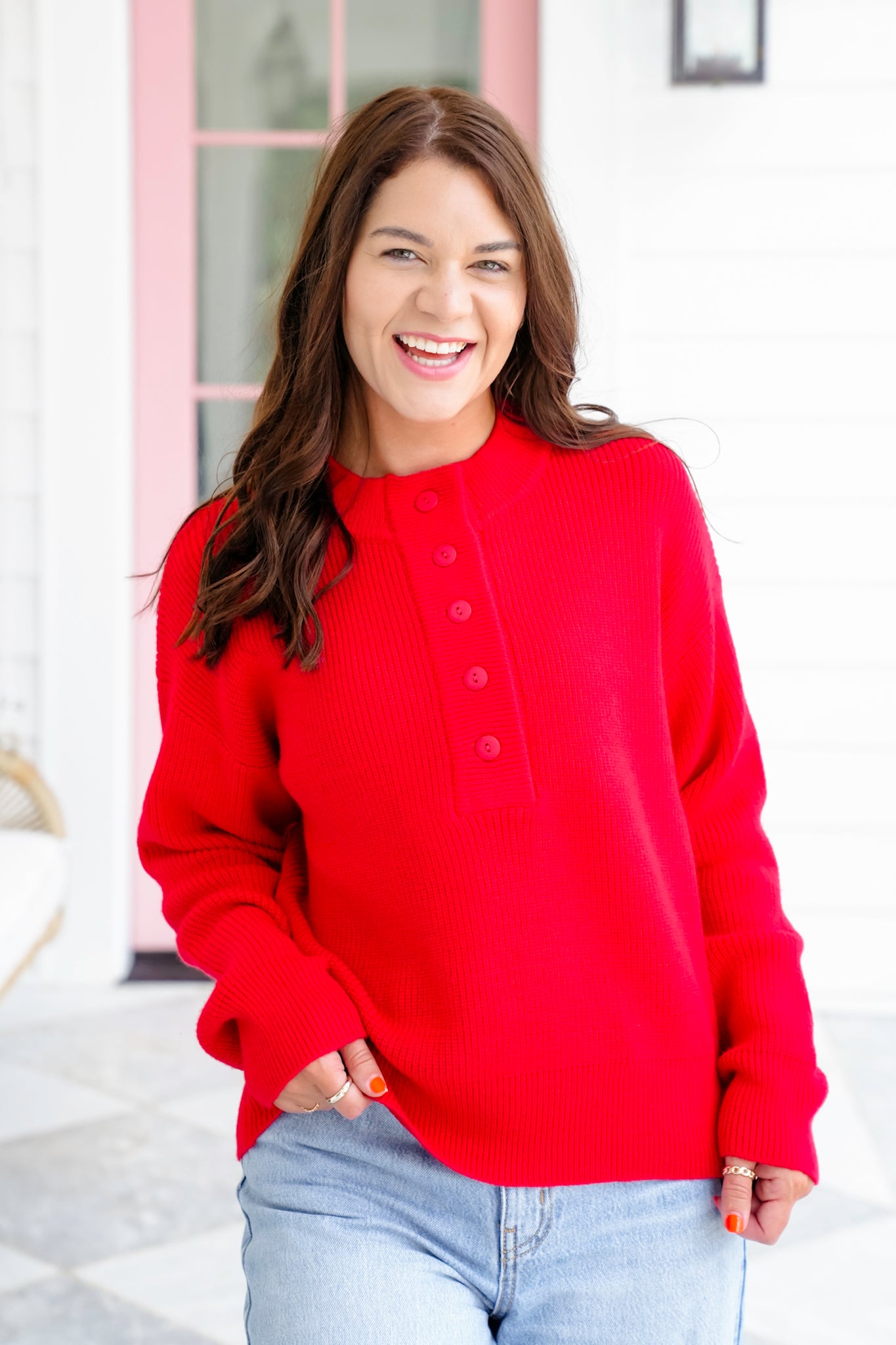 Red Long Sleeve Button Up Pullover Sweater
