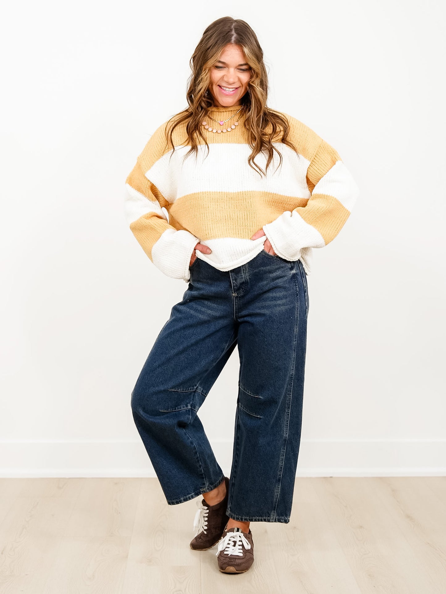 POL Stripe Long Sleeve Mock Neck Pullover Sweater