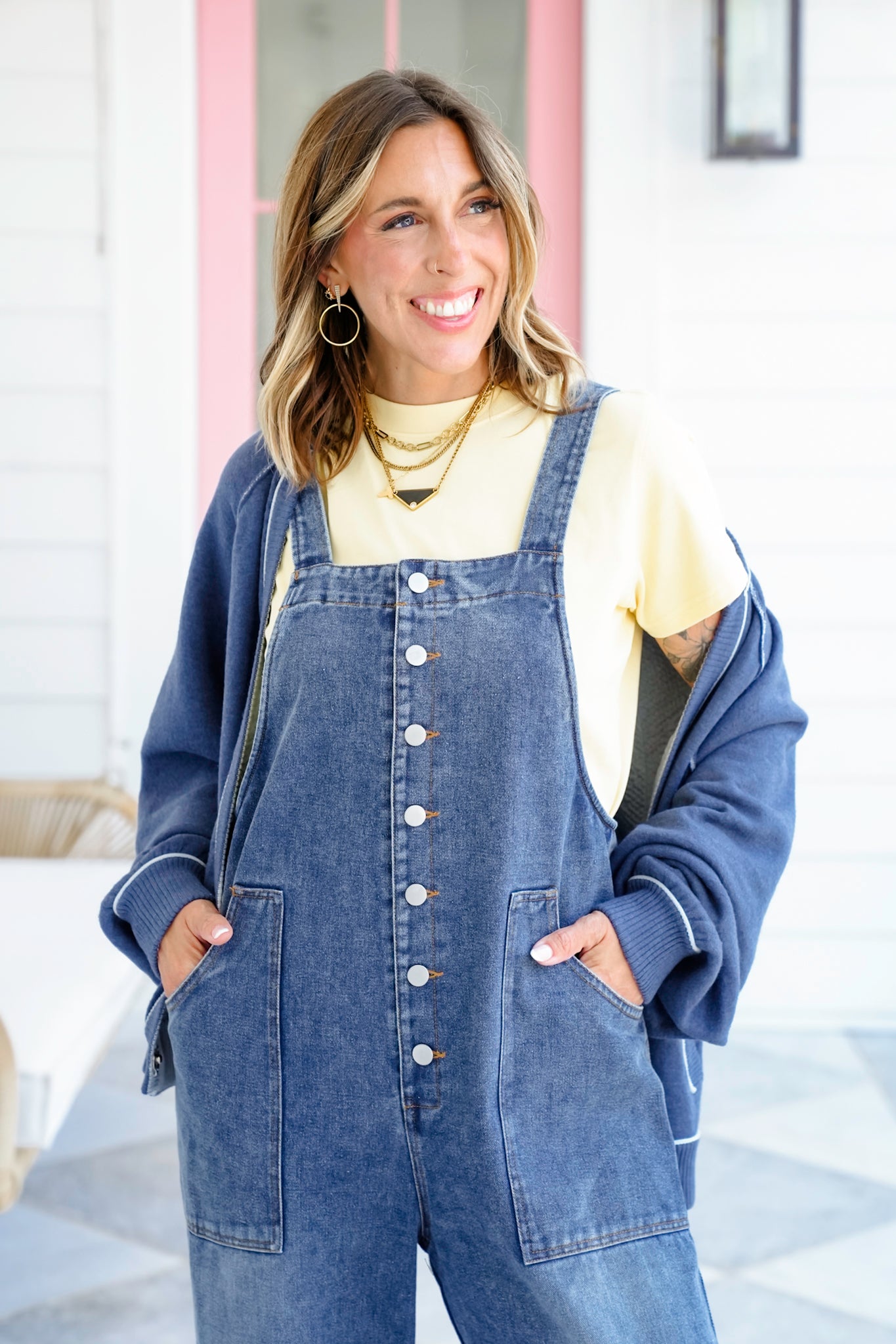 Plus/Reg Medium Wash Button Up Overalls