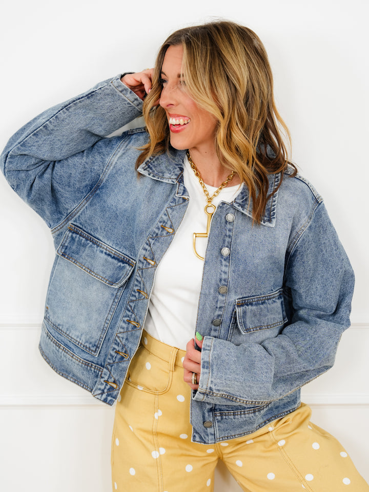 Restock! Veveret Medium Wash Long Sleeve Jacket with Big Pocket Detail