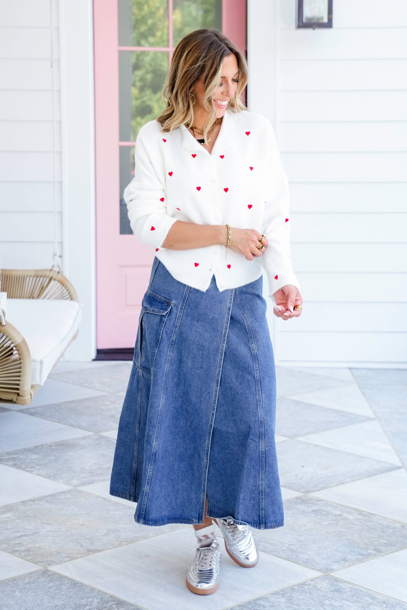 Embroidered Hearts Long Sleeve Button Down Cardigan