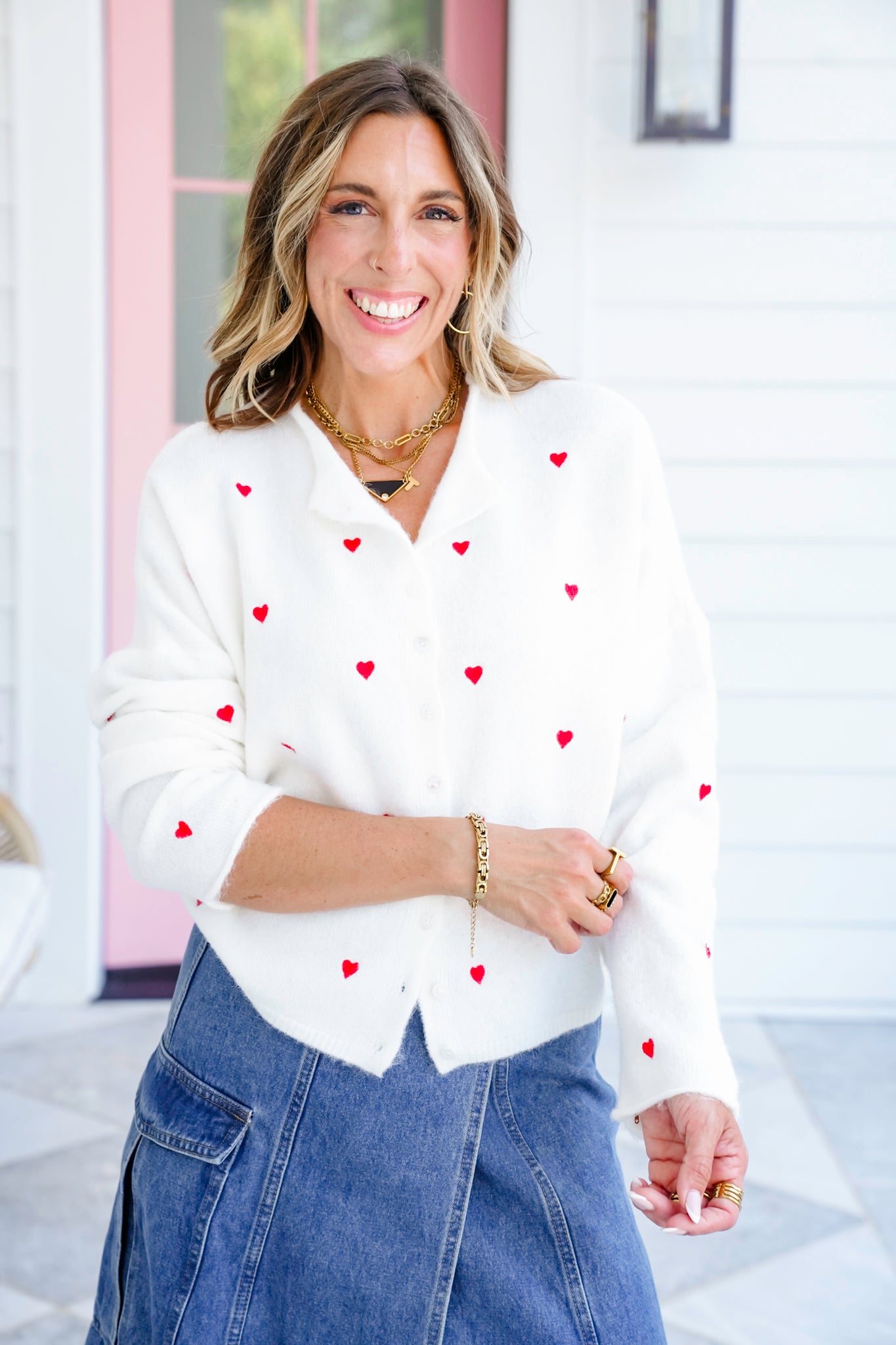 Embroidered Hearts Long Sleeve Button Down Cardigan