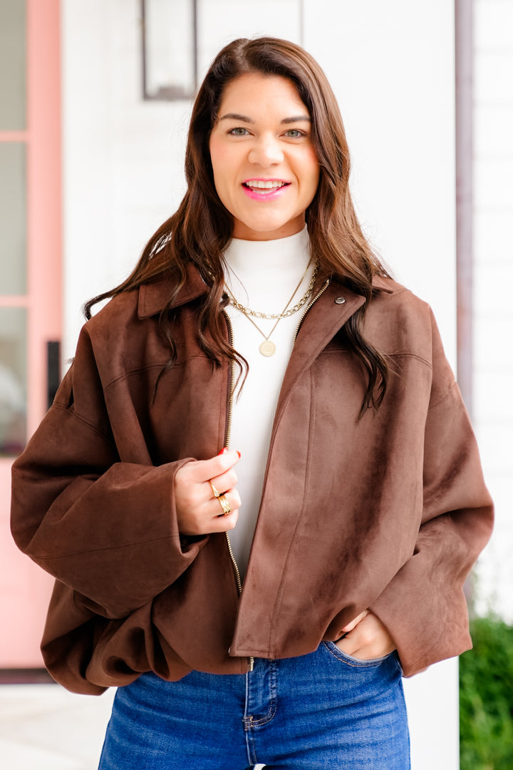 Vegan Suede Long Sleeve Balloon Hem Jacket