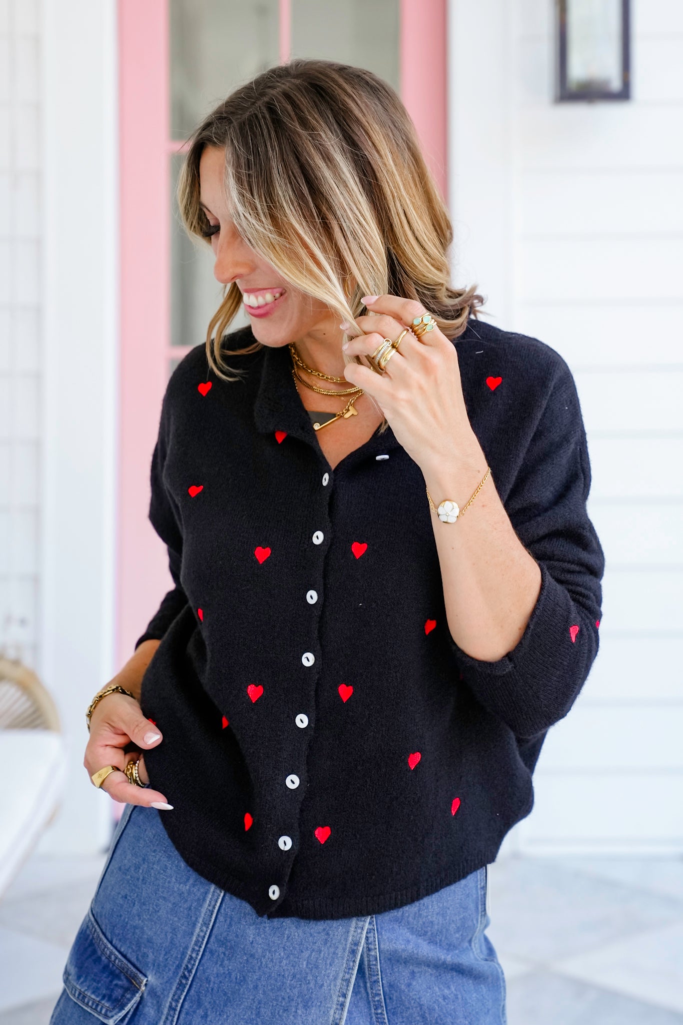 Embroidered Hearts Long Sleeve Button Down Cardigan