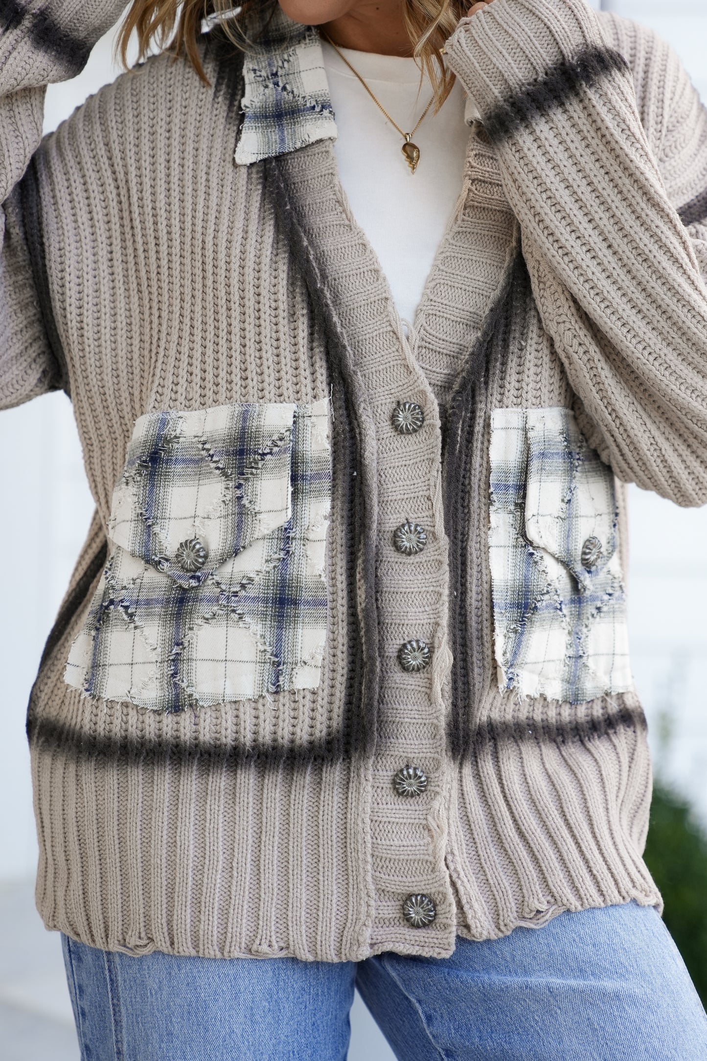 POL Long Sleeve Button Up Cardigan with Plaid Pockets