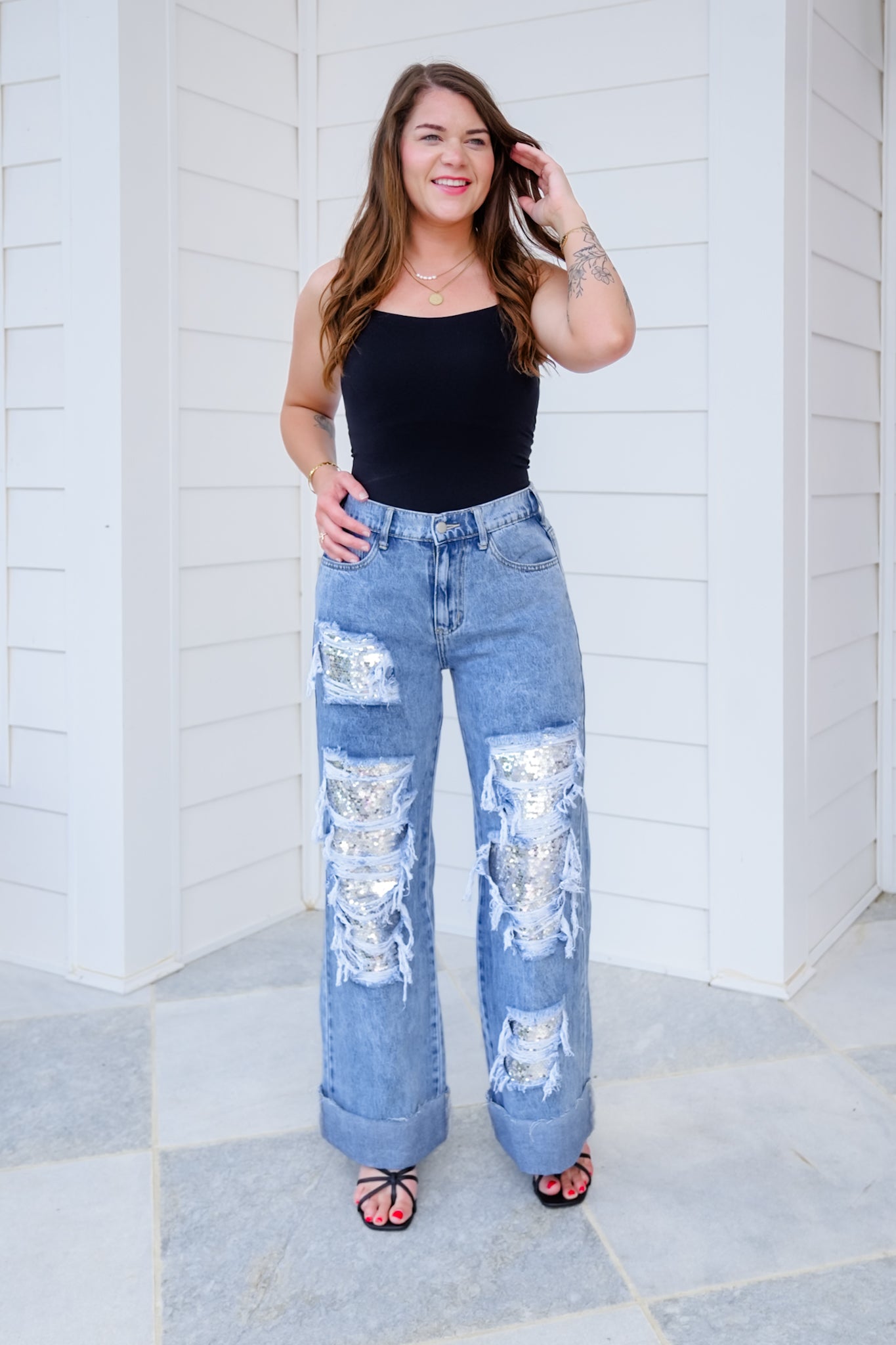 Distressed Mineral Wash Denim Jeans with Sequin Detail