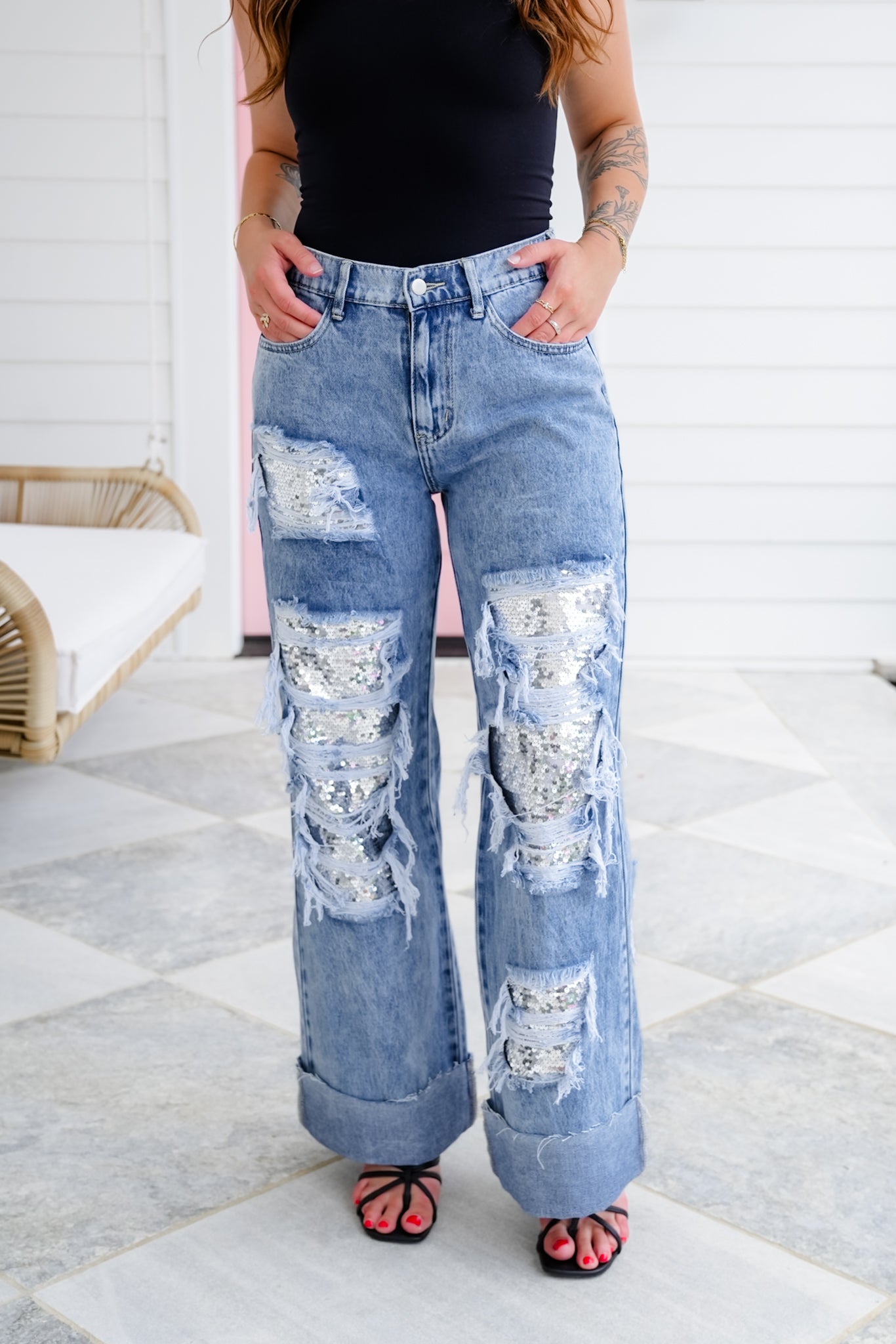 Distressed Mineral Wash Denim Jeans with Sequin Detail