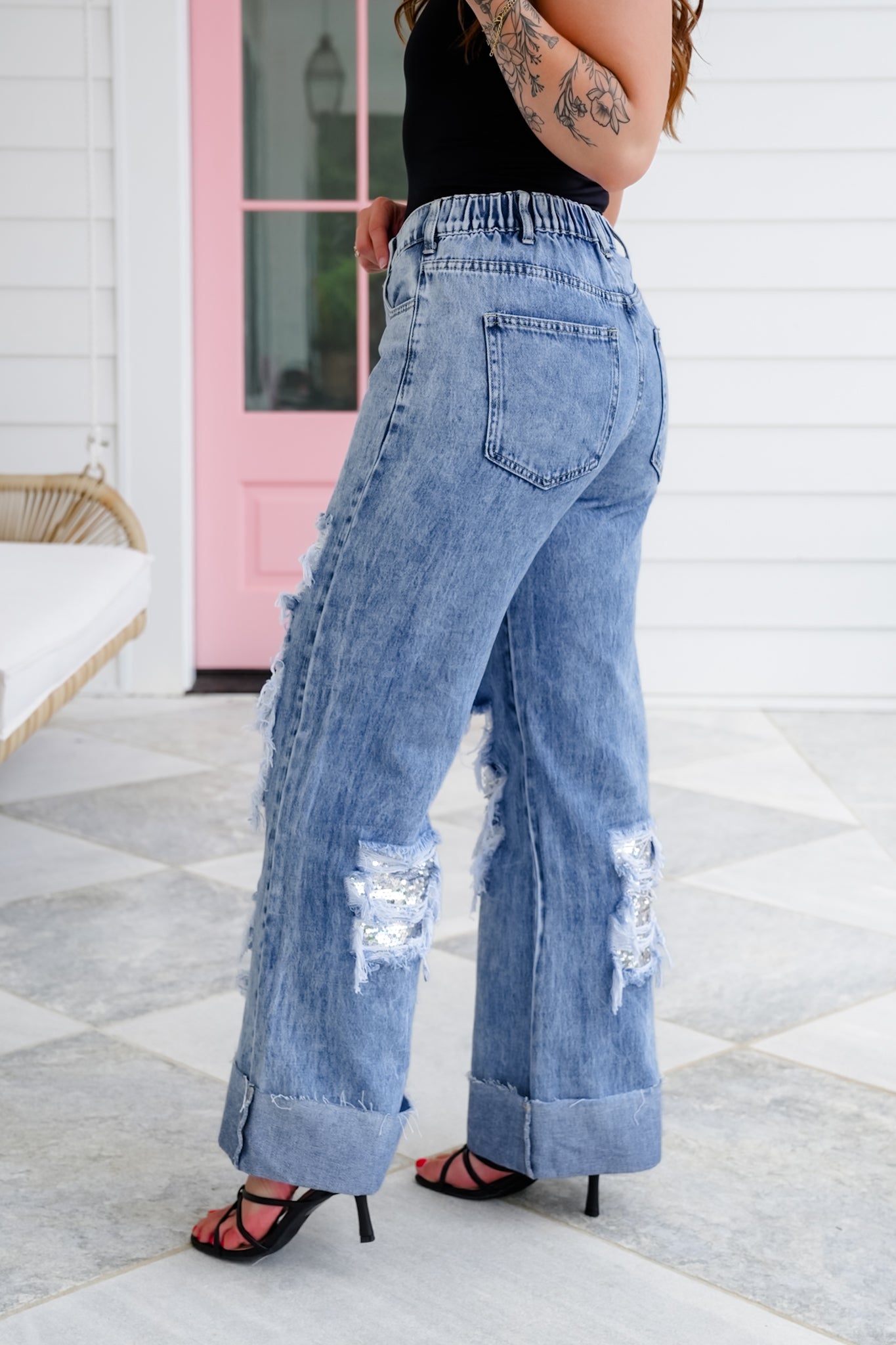Distressed Mineral Wash Denim Jeans with Sequin Detail