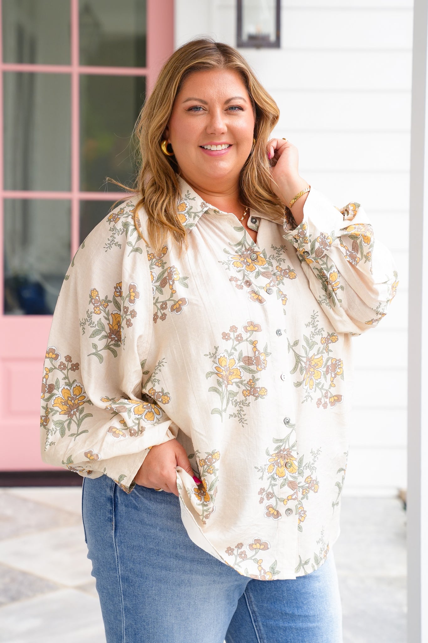 Plus/Reg Floral Print Long Sleeve Button Down Top