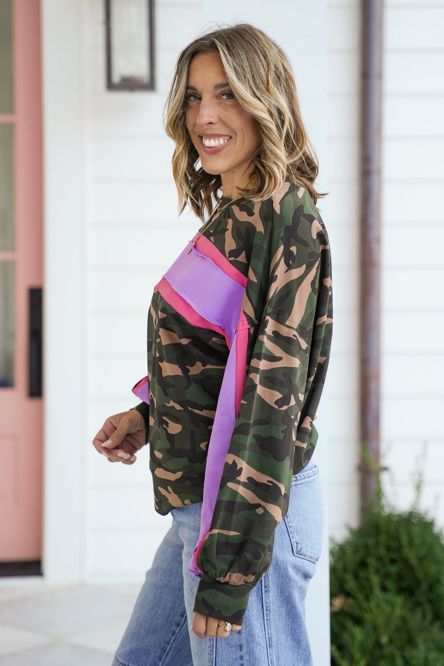 Camo Color Block Long Sleeve Pullover Top