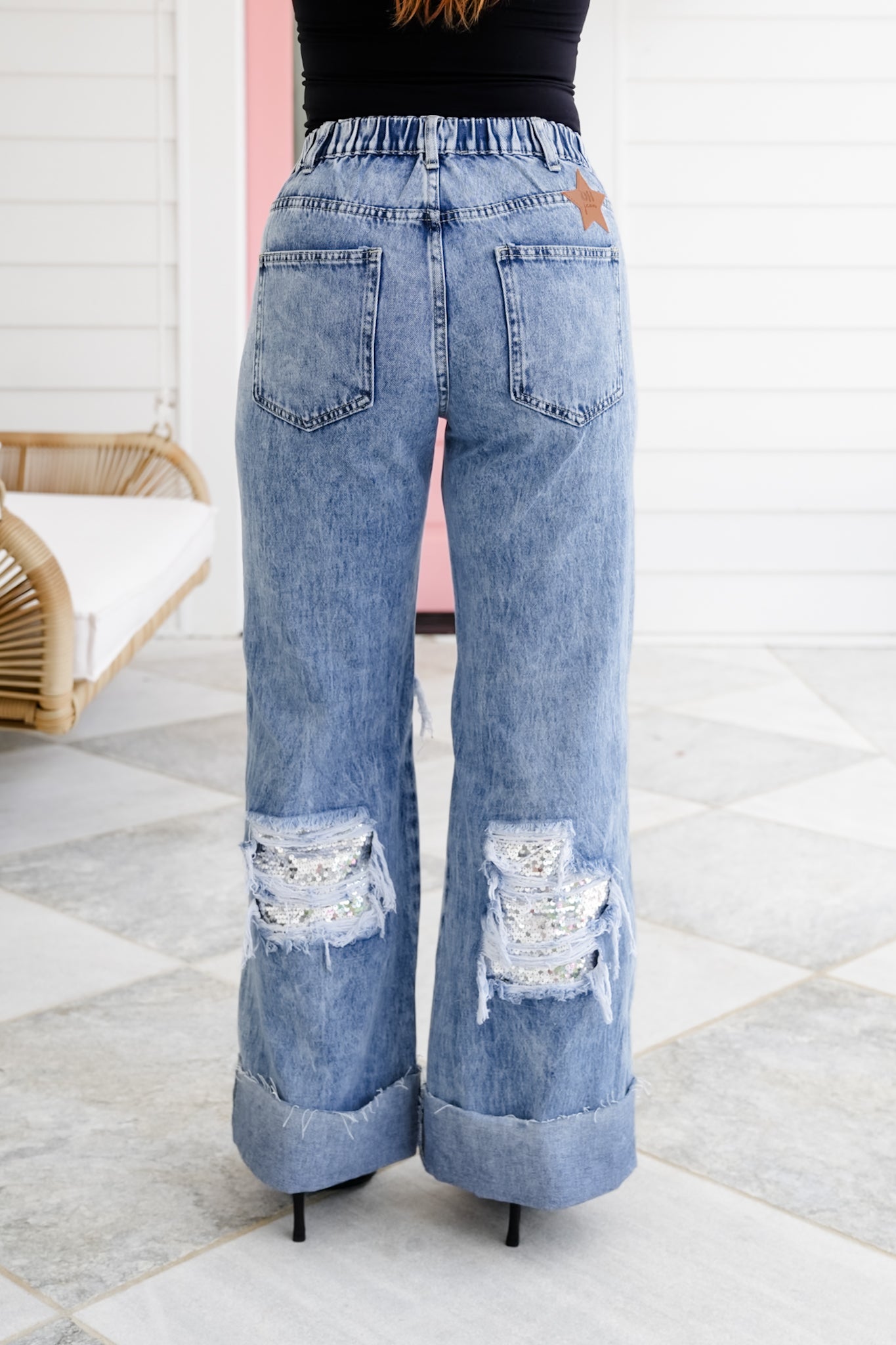 Distressed Mineral Wash Denim Jeans with Sequin Detail