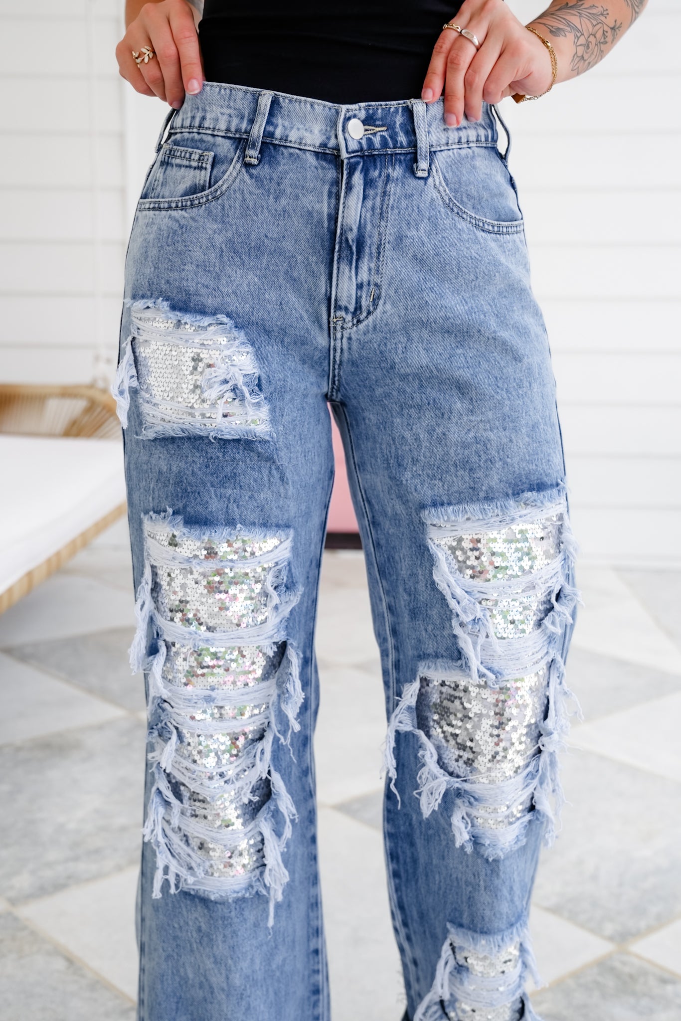 Distressed Mineral Wash Denim Jeans with Sequin Detail