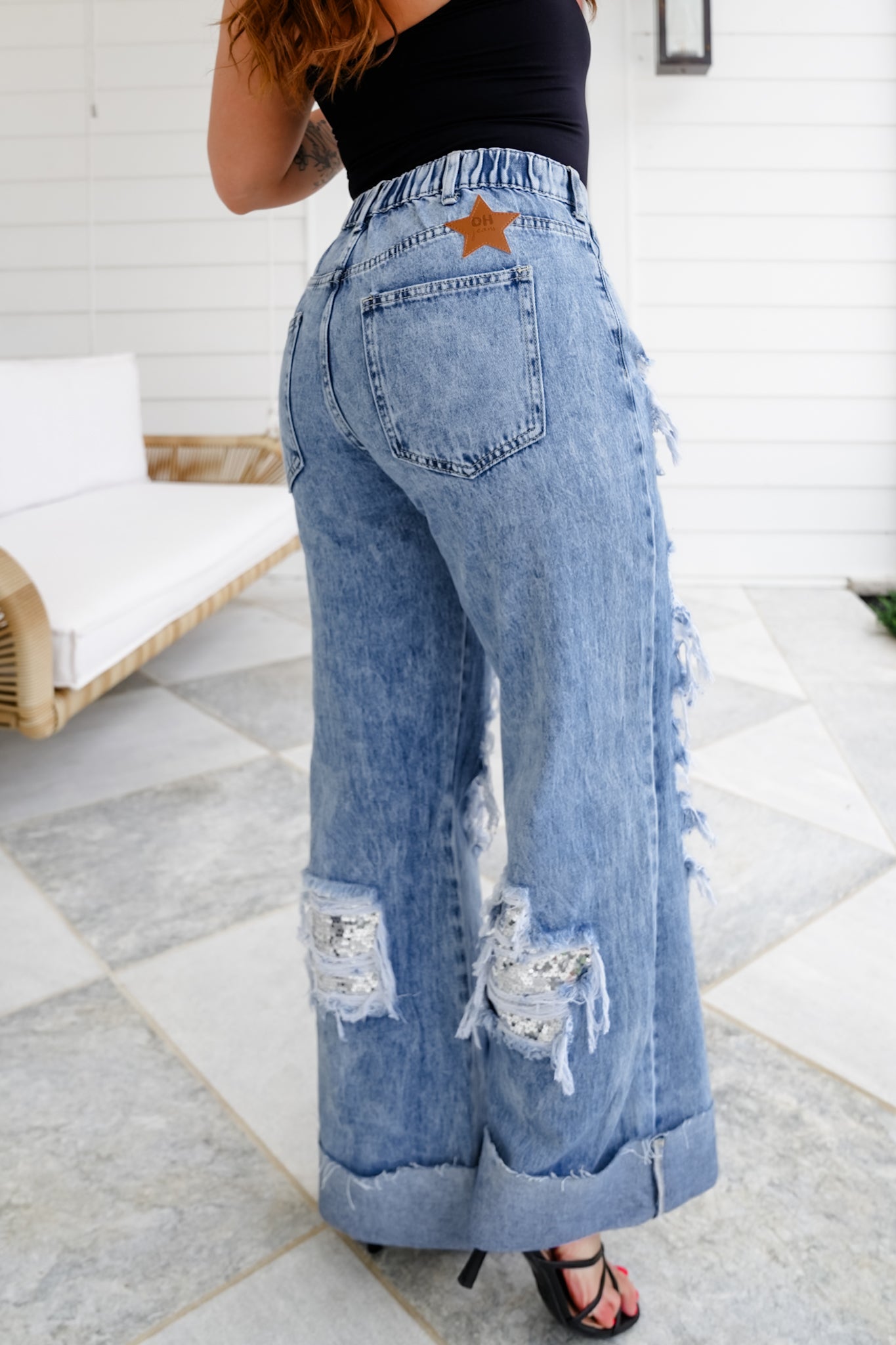 Distressed Mineral Wash Denim Jeans with Sequin Detail