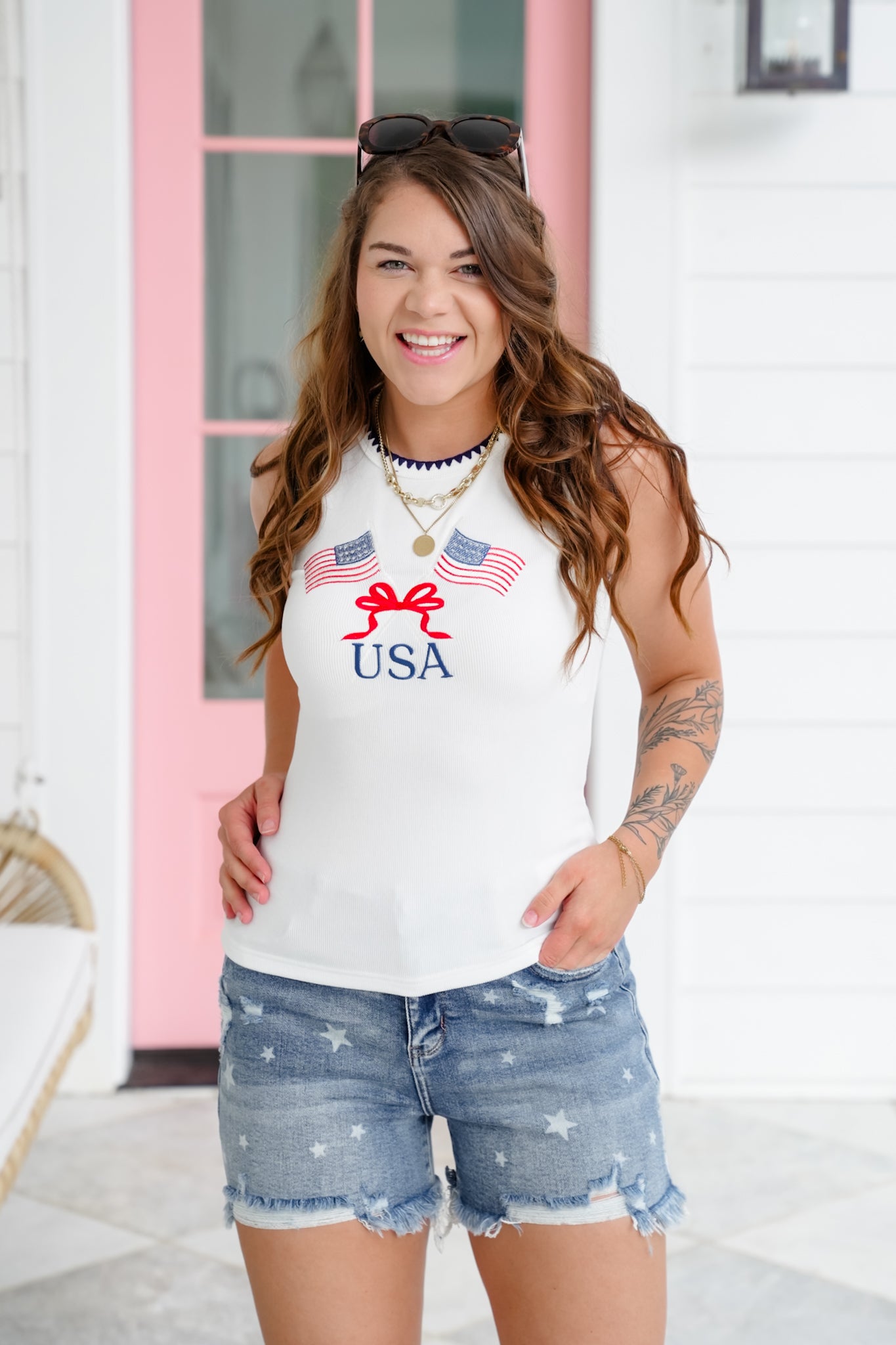 Embroidered American Flag Tank Top with Blanket Stitch Detail