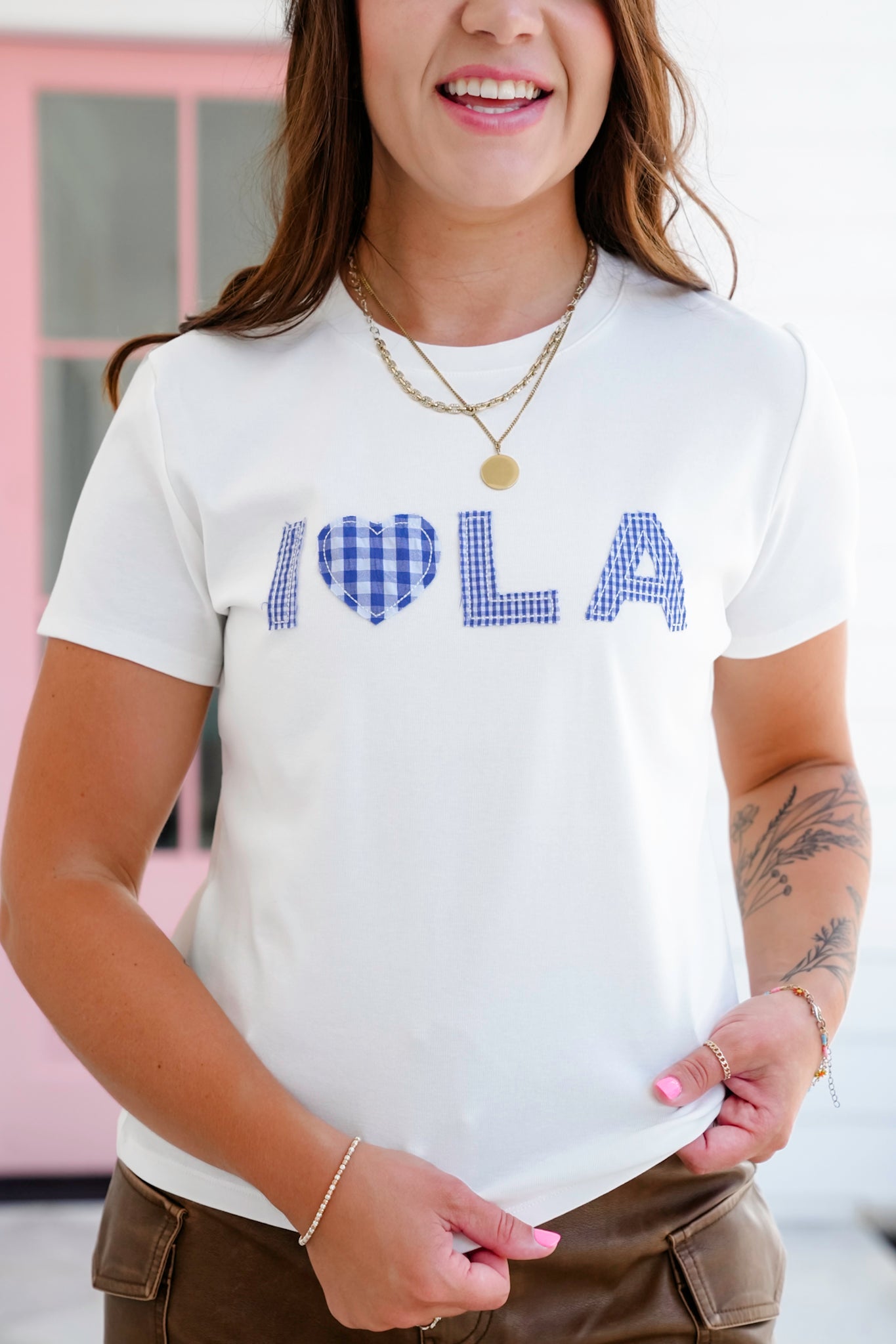 Short Sleeve "I Love LA" Gingham Patch Top