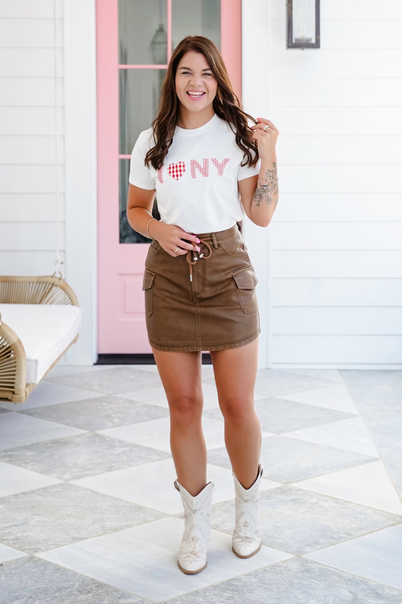 Short Sleeve " I Love NY" Gingham Patch Top