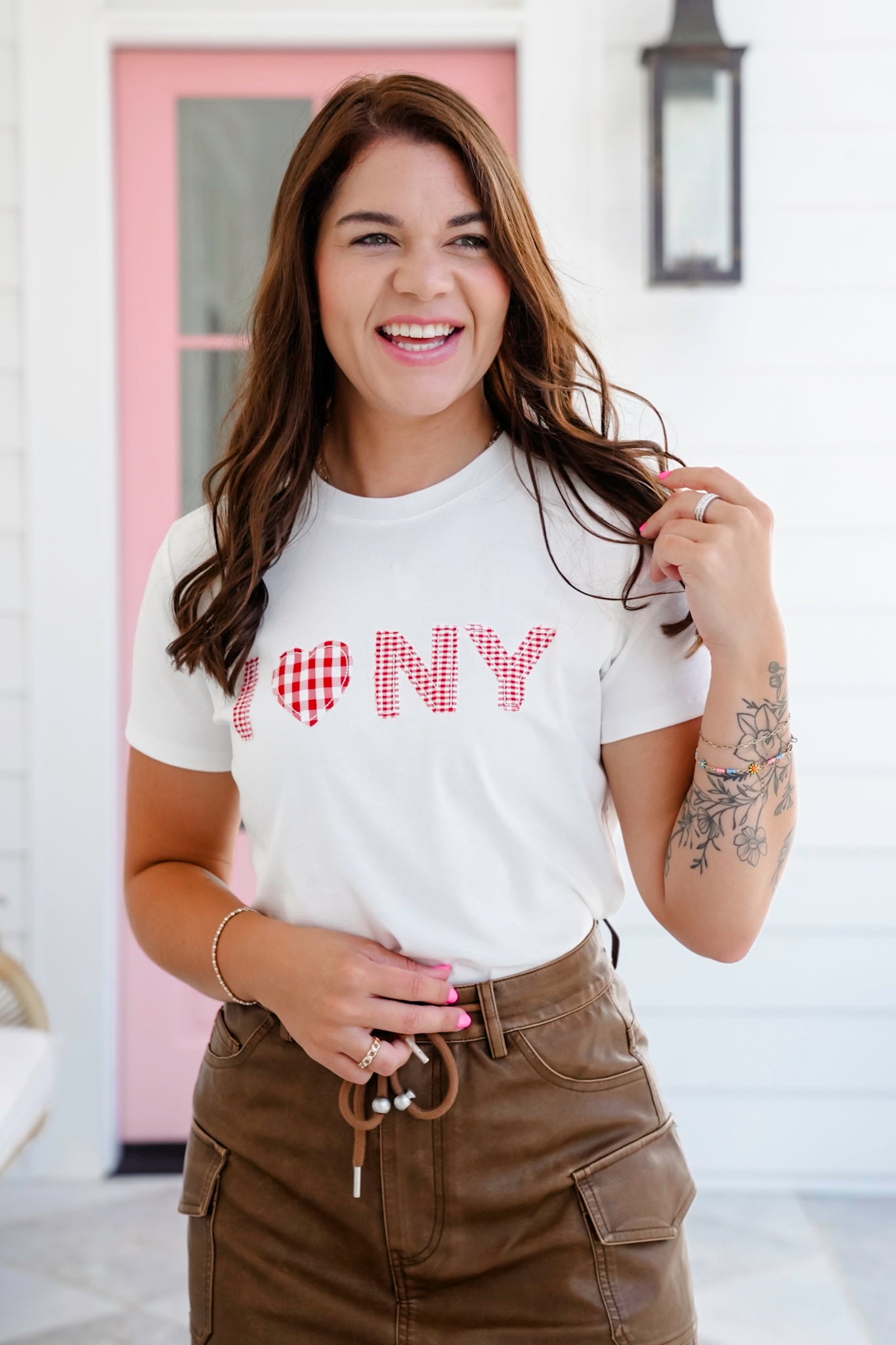 Short Sleeve " I Love NY" Gingham Patch Top