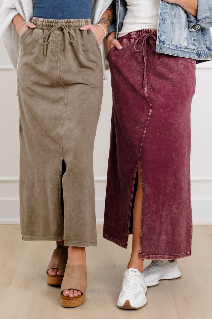 Door Buster! Zenana French Terry Acid Washed Front Slit Long Skirts