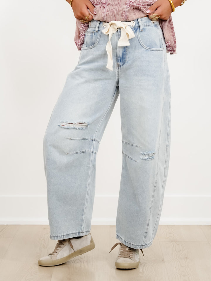 Distressed Light Wash Barrel Jeans with Eyelet Belt - Freckled Poppy