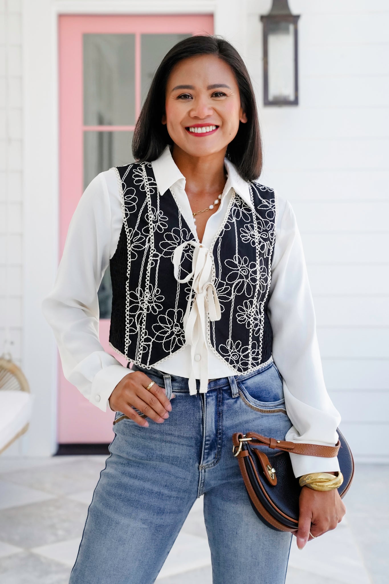 Floral Embroidered Tie Front Vest