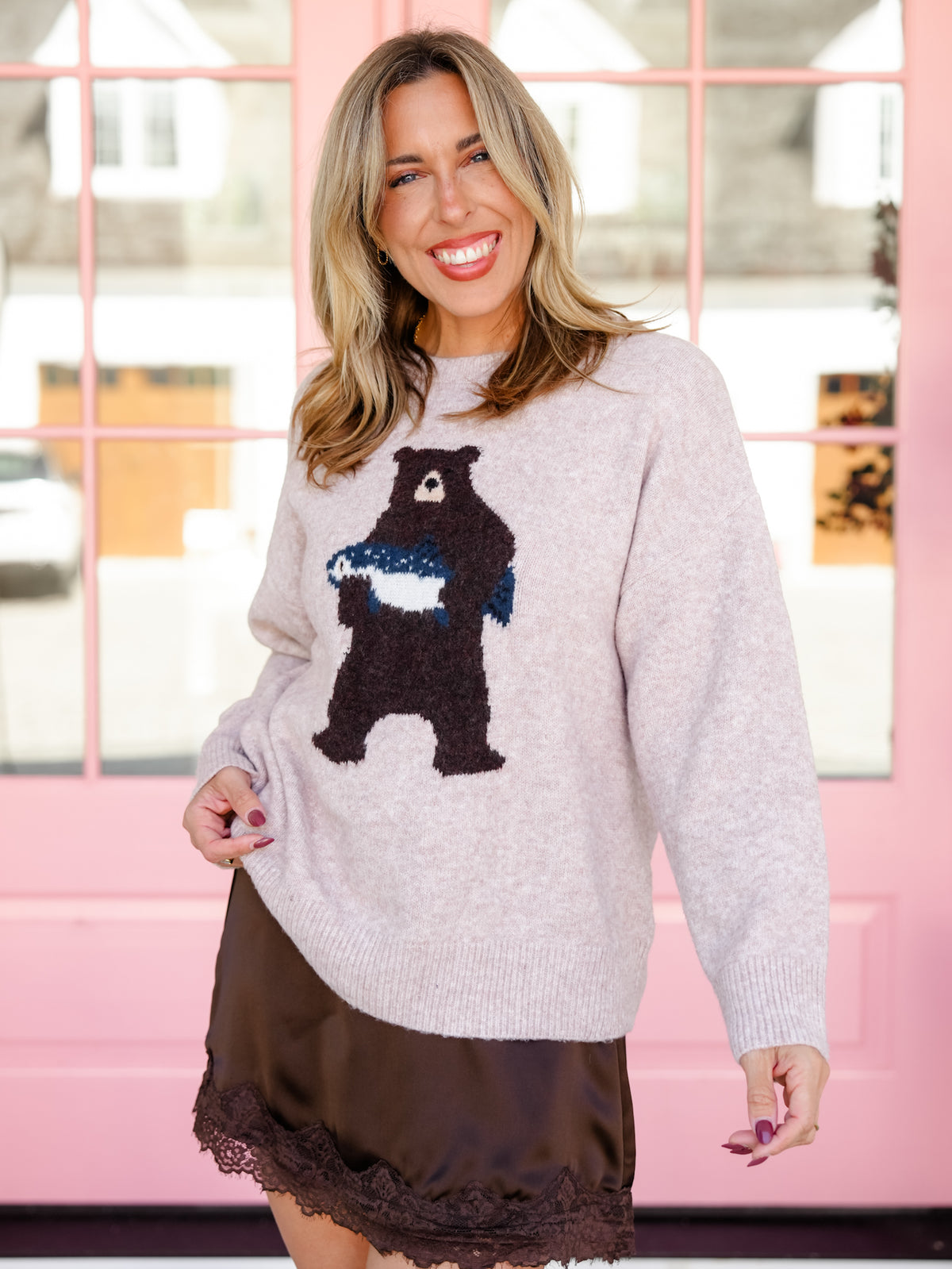 Taupe Long Sleeve Bear with Salmon Pullover Sweater - Freckled Poppy