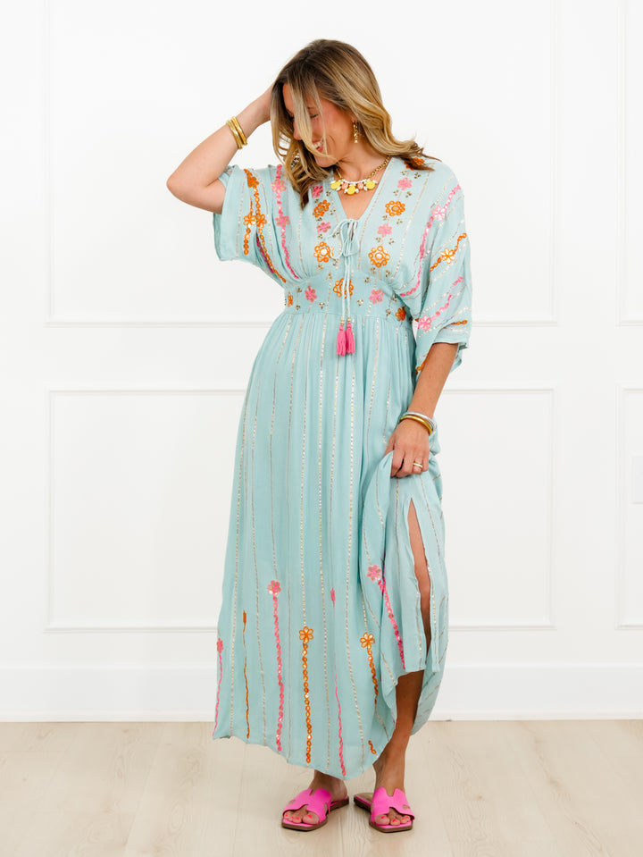 POL Floral Embroidered 3/4 Sleeve V Neck Maxi Dress