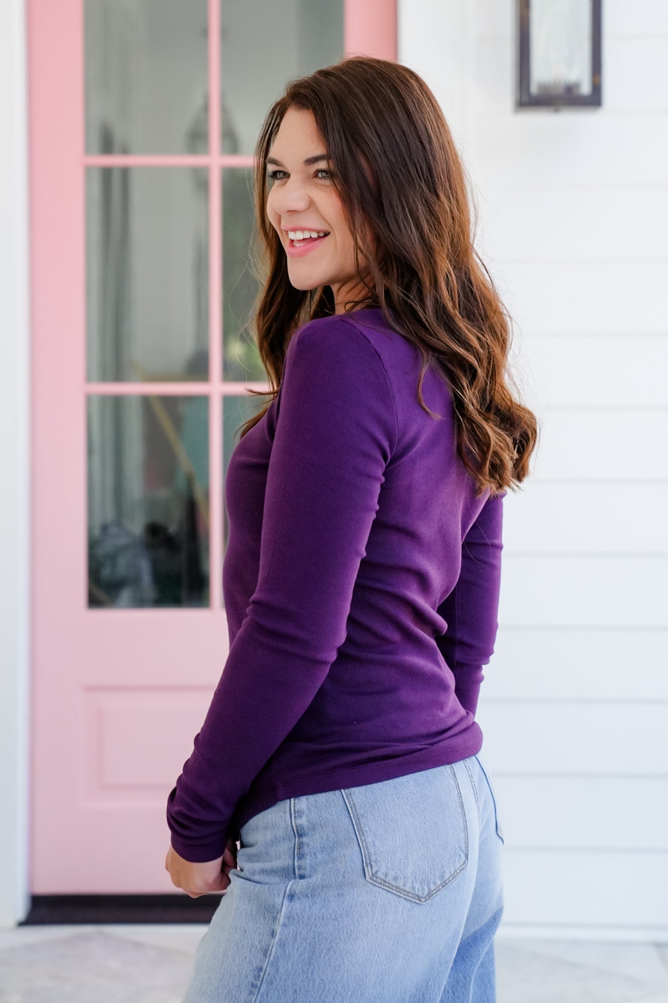 Solid Ribbed Long Sleeve Crew Neck Top