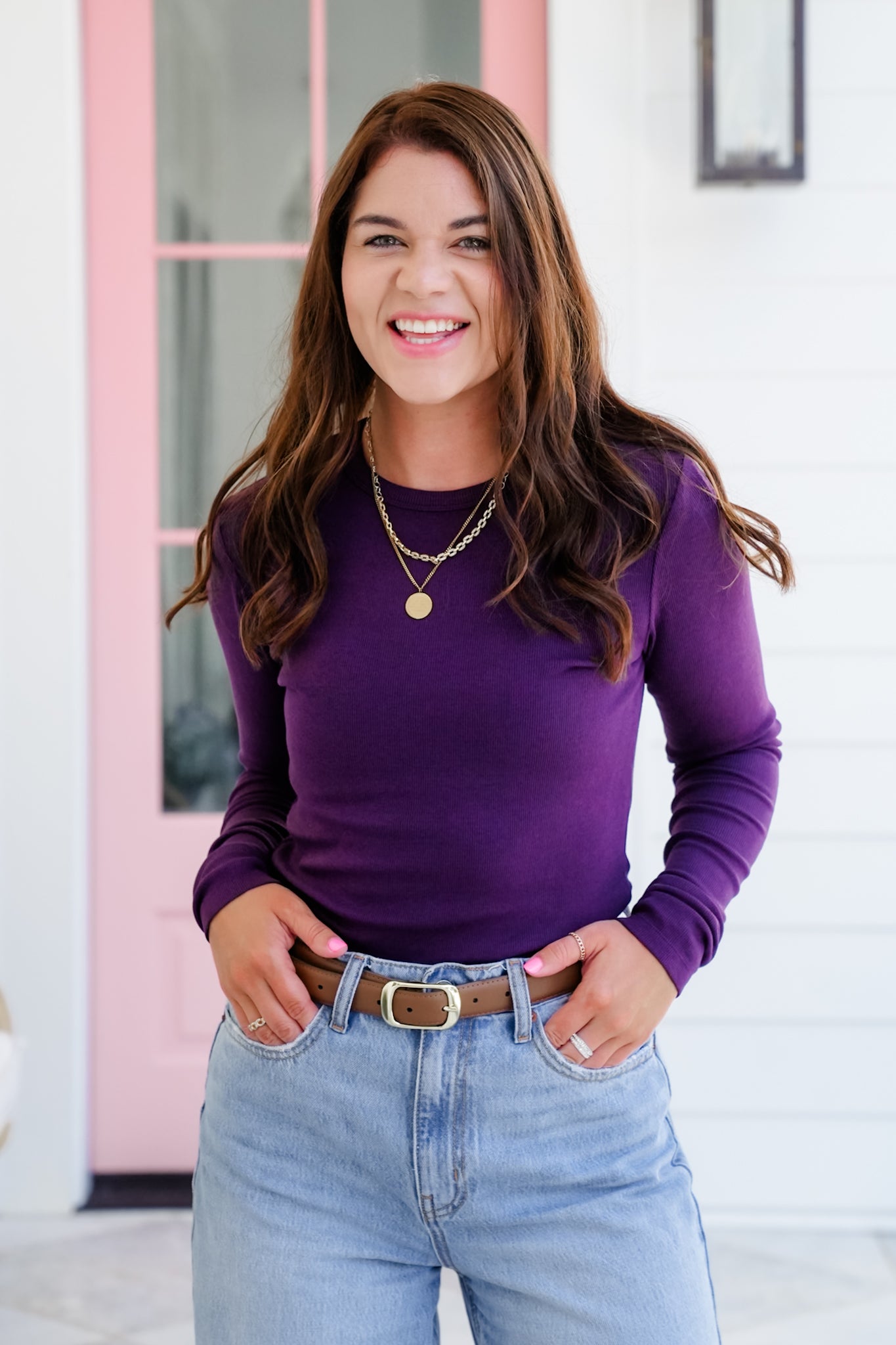 Solid Ribbed Long Sleeve Crew Neck Top