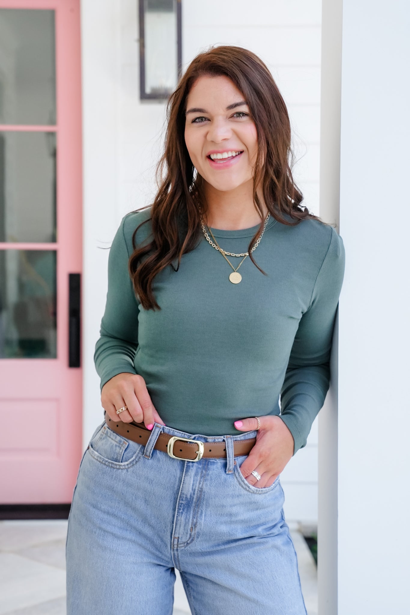 Solid Ribbed Long Sleeve Crew Neck Top