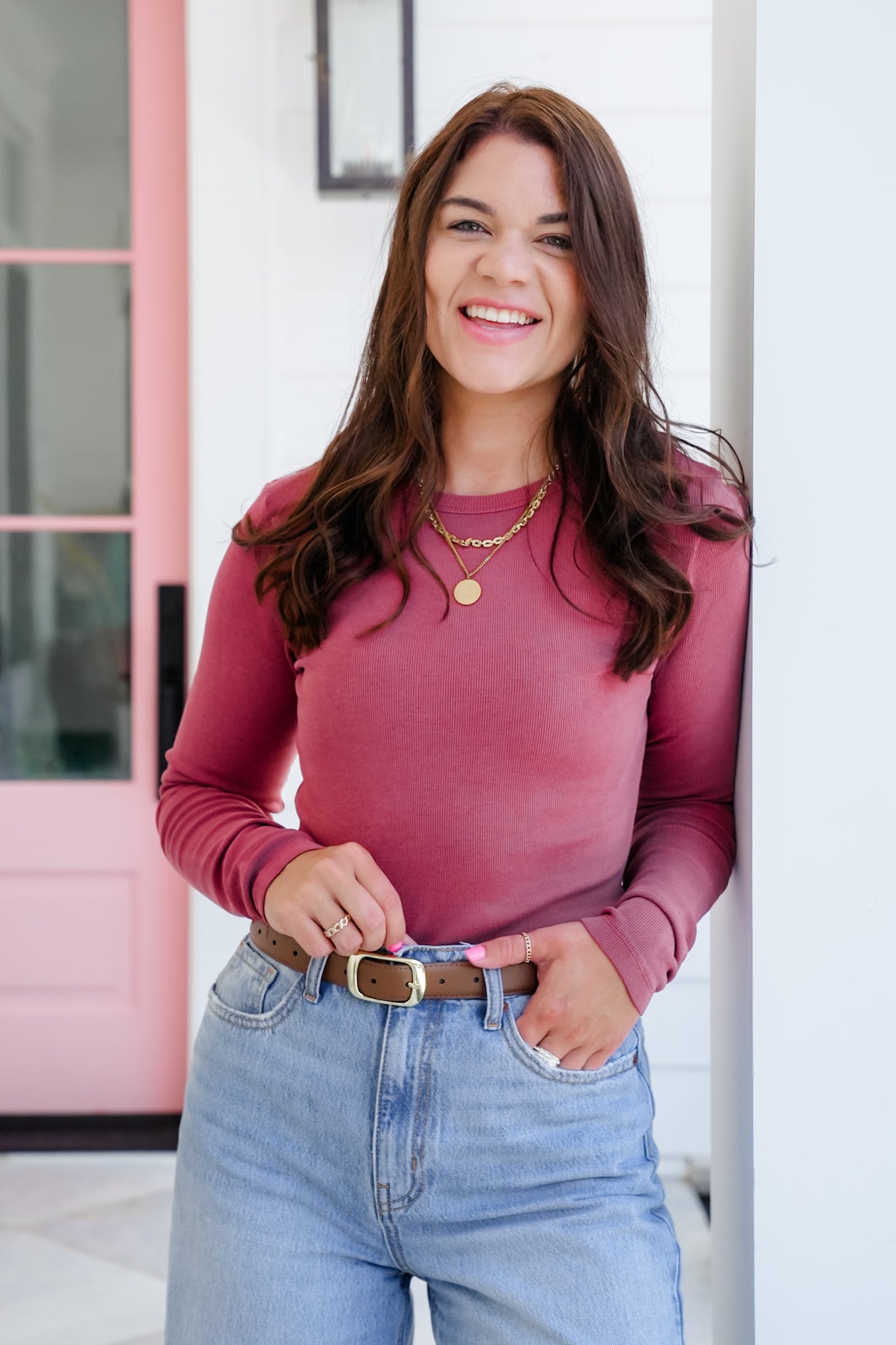 Solid Ribbed Long Sleeve Crew Neck Top