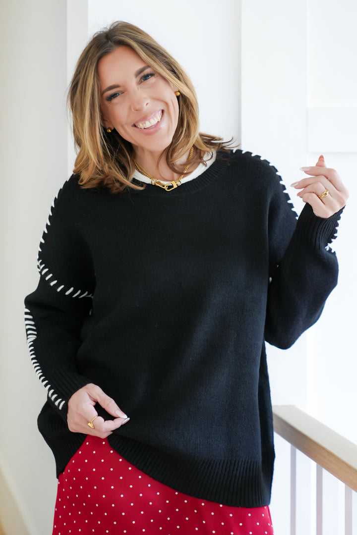 Plus/Reg Long Sleeve Round Neck Sweater with Blanket Stitch Accents