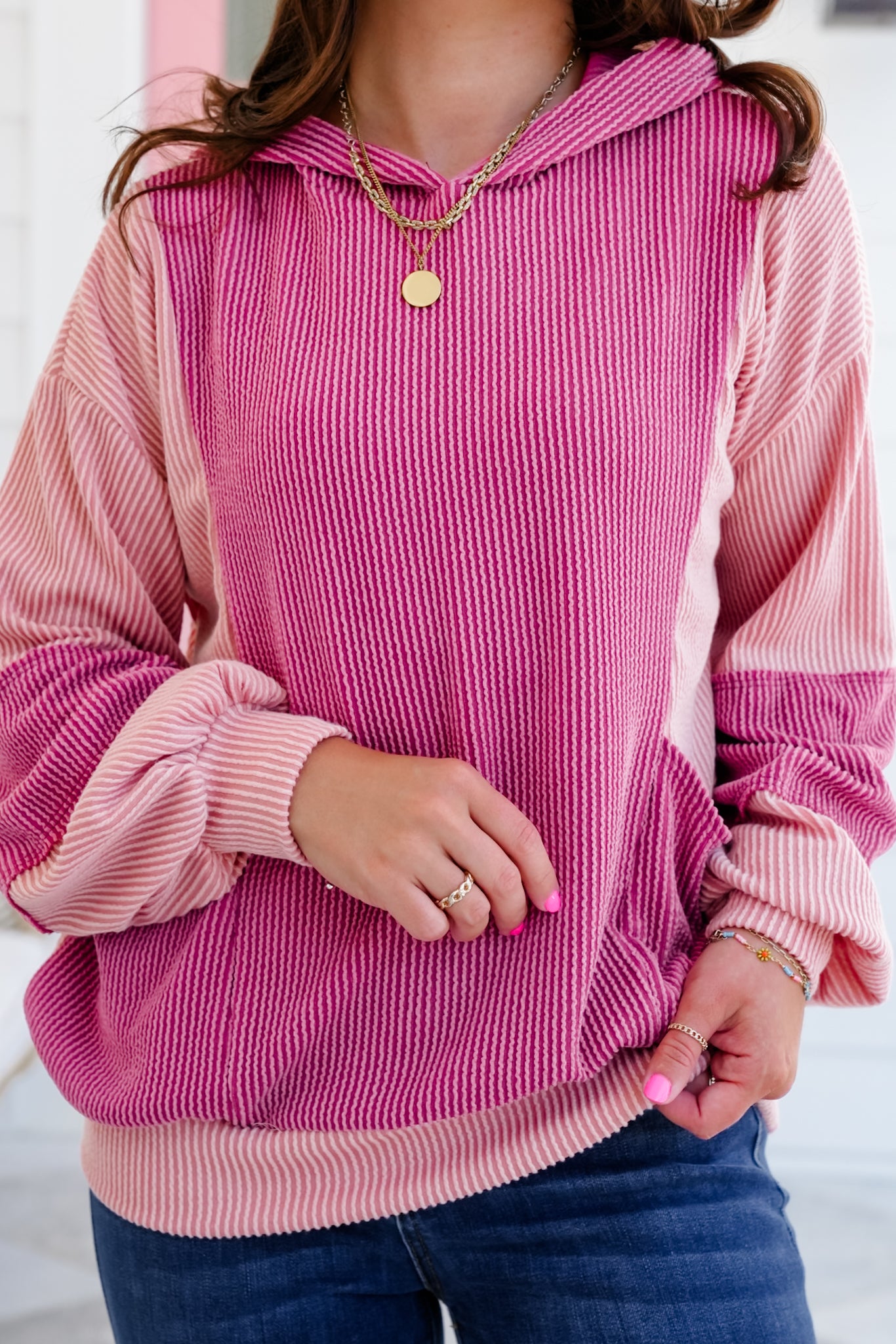 Plus/Reg Urban Ribbed Color Block Long Sleeve Hooded Top