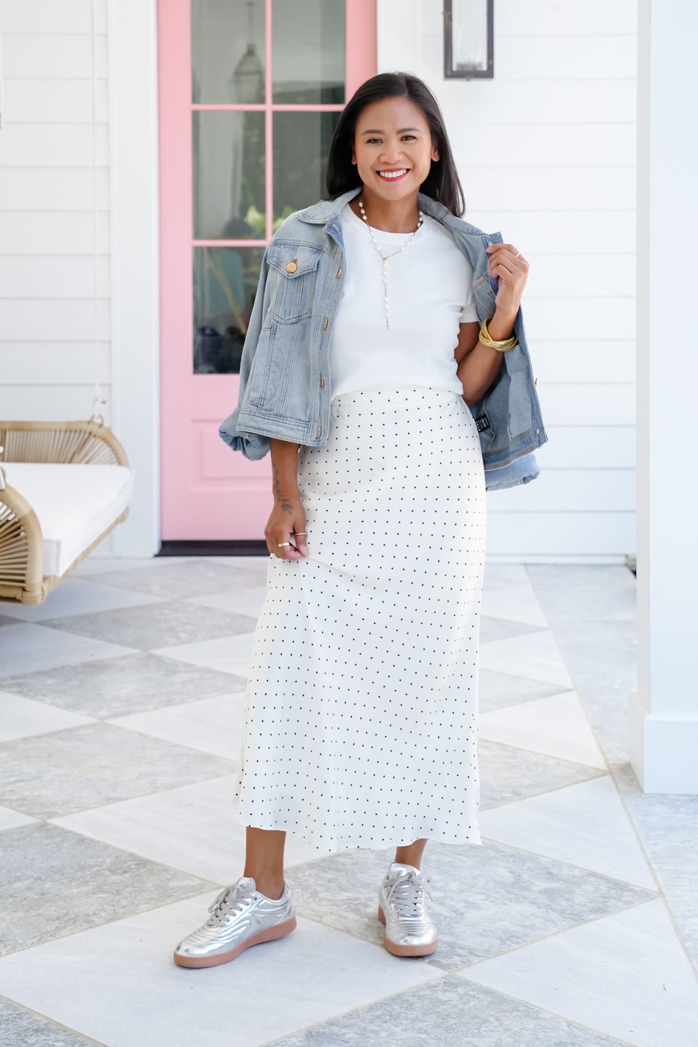Polka Dot Satin Midi Skirt