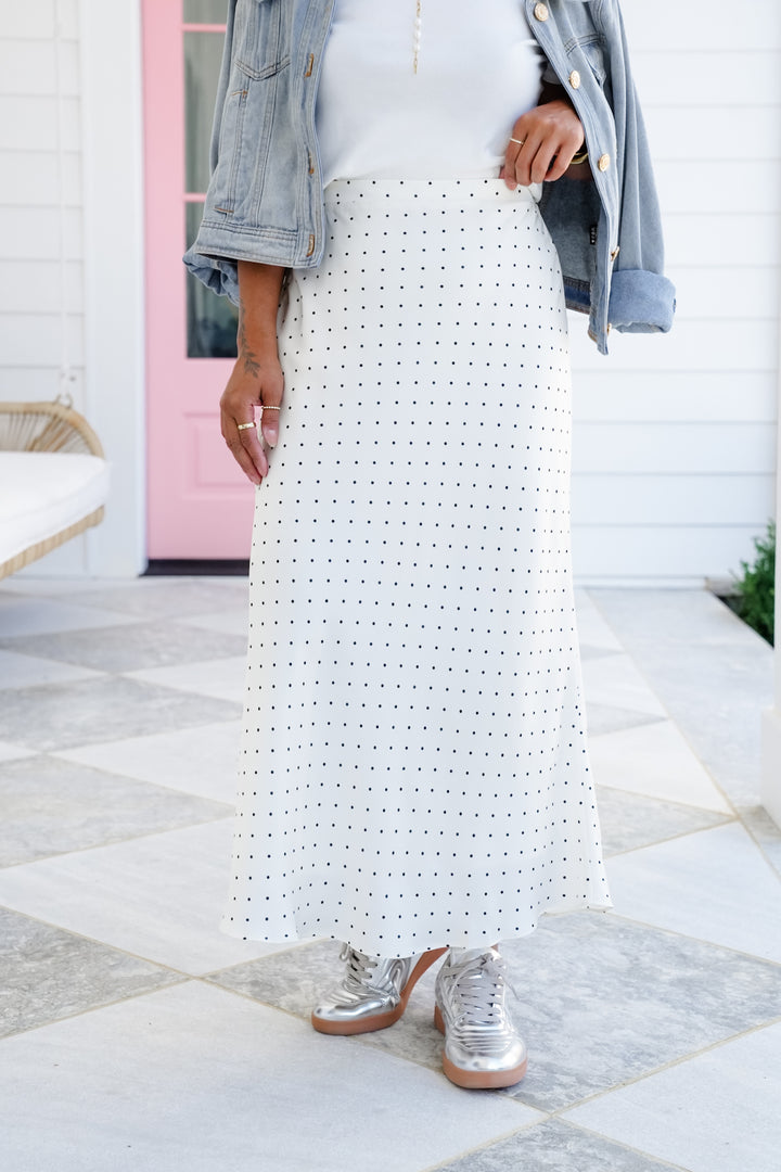 Polka Dot Satin Midi Skirt