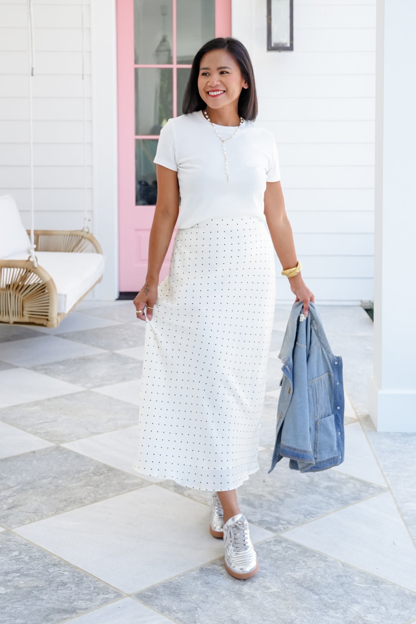 Polka Dot Satin Midi Skirt